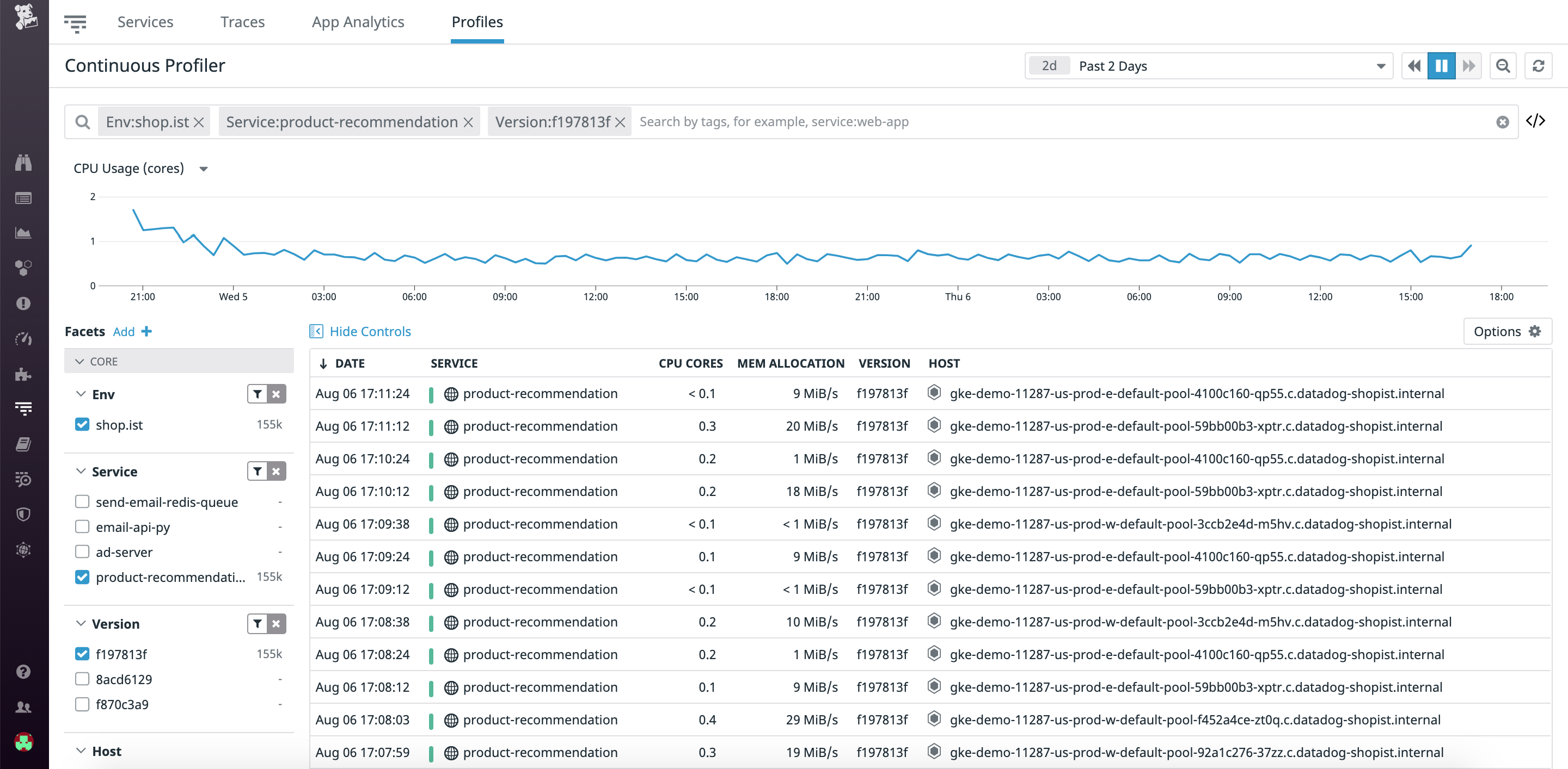 サービスやバージョンなど、さまざまな要素でプロファイルにフィルターを設定し、検索対象を絞り込みます。