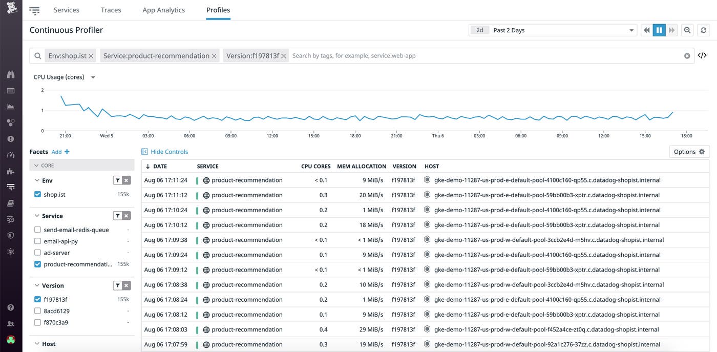Filter profiles by a range of facets such as service and version to drill down to the ones you’re looking for. Filter profiles by a range of facets such as service and version to drill down to the ones you’re looking for.