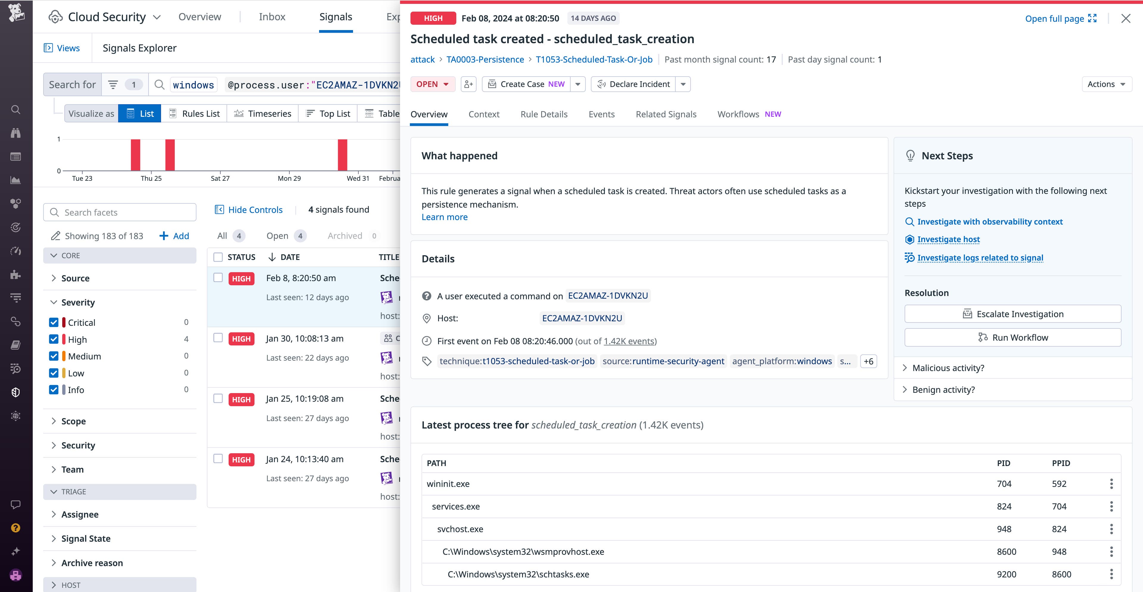 View of a high-severity security signal that displays a suspicious scheduled task View of a high-severity security signal that displays a suspicious scheduled task