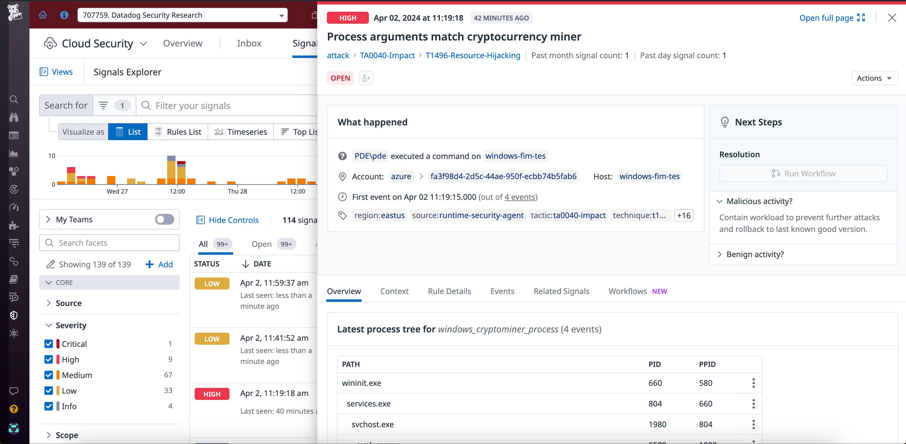 View of a high-severity security signal that displays process arguments that match a cryptocurrency miner View of a high-severity security signal that displays process arguments that match a cryptocurrency miner