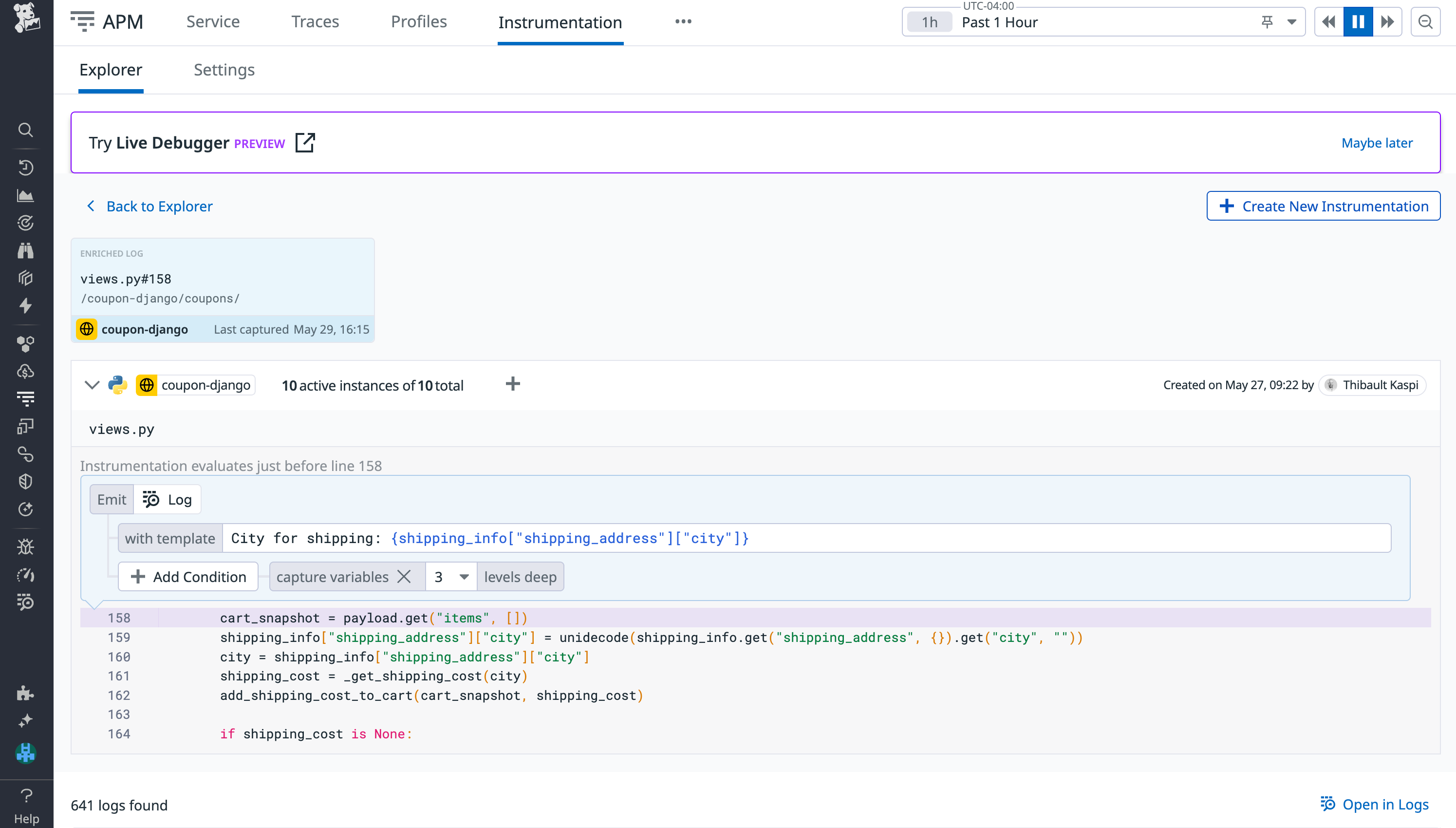 View your Live Debugging Session in the Datadog App for more granular context.