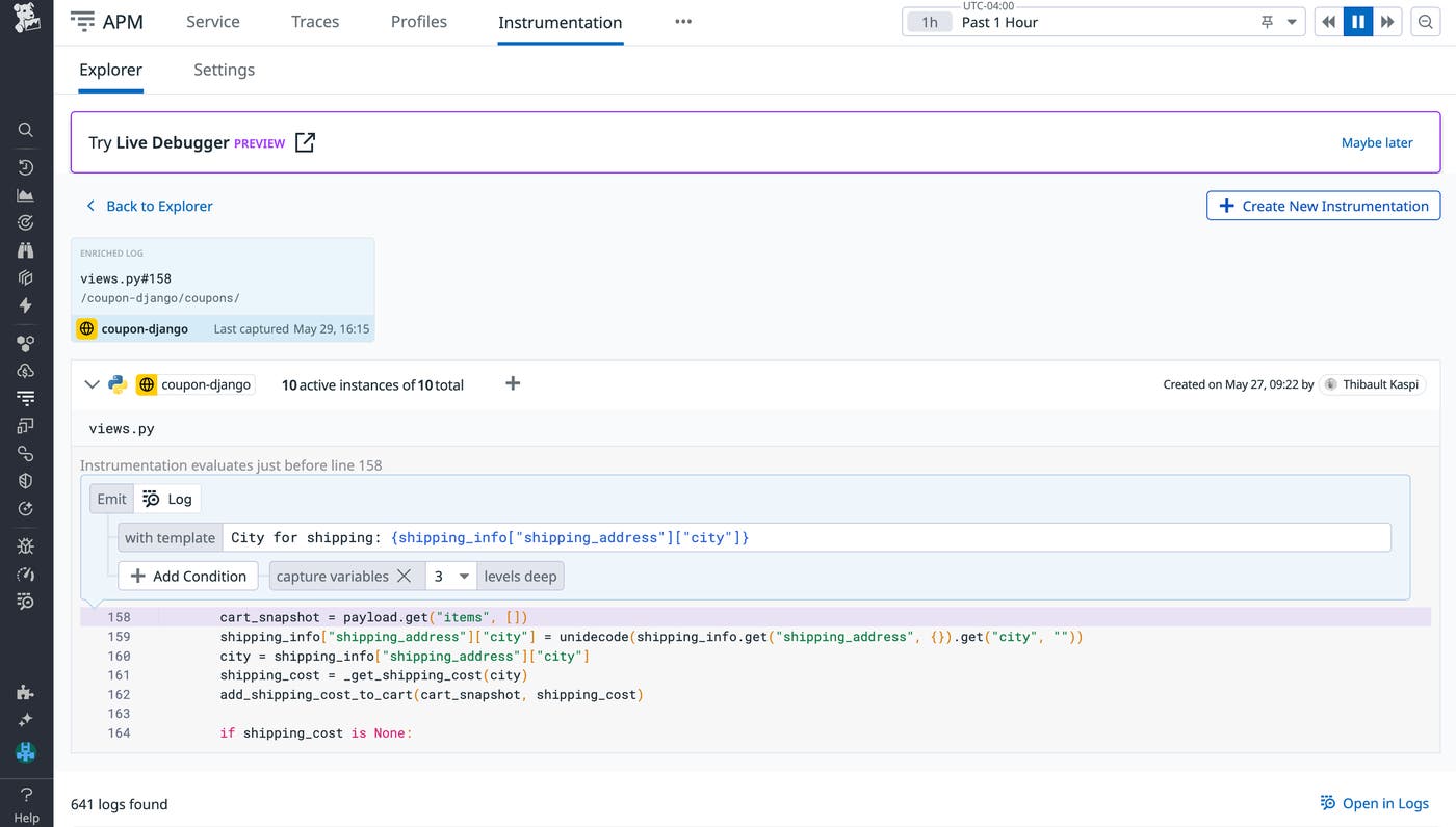 View your Live Debugging Session in the Datadog App for more granular context. View your Live Debugging Session in the Datadog App for more granular context.