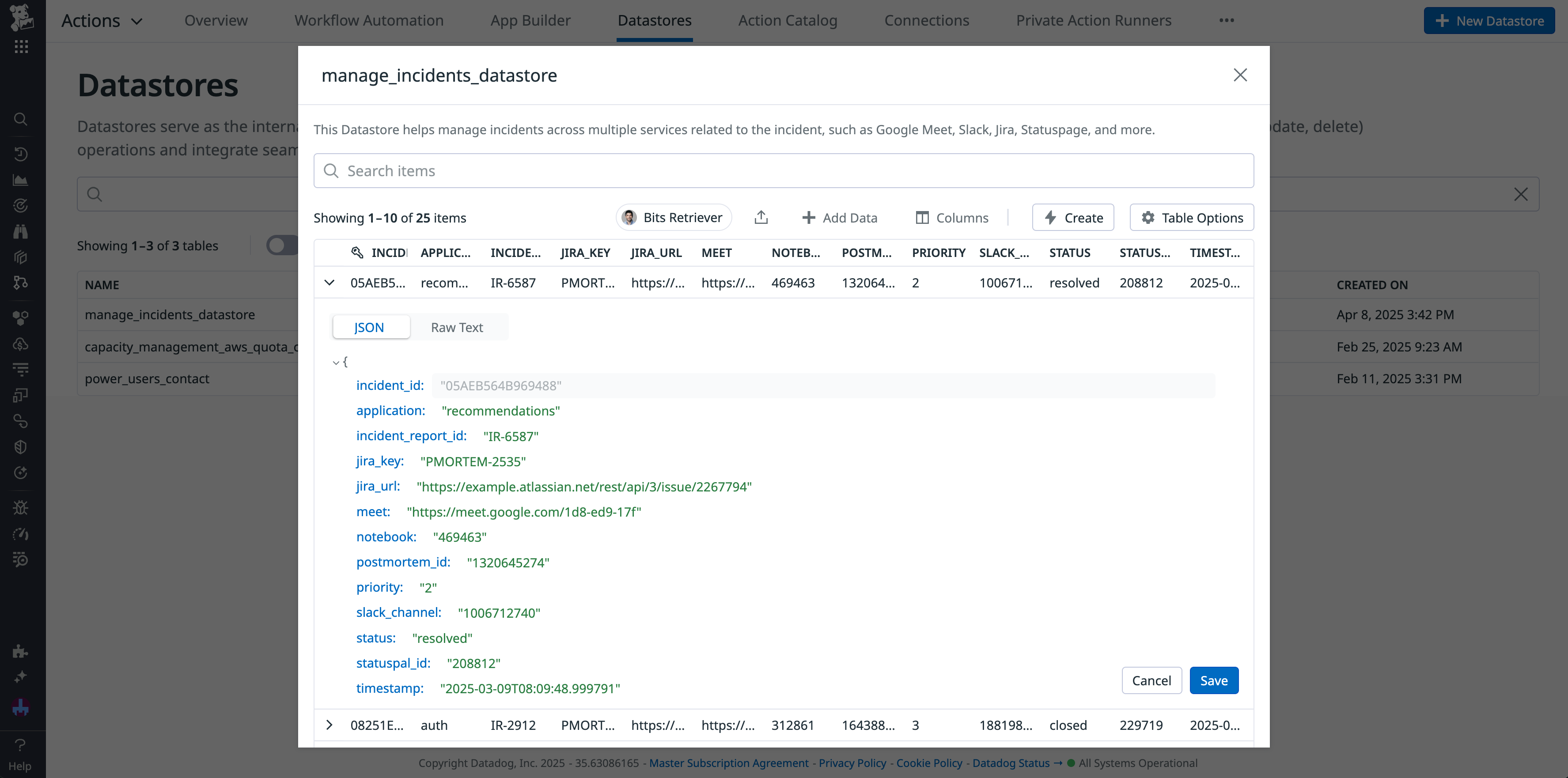 A data entry JSON object being editing within a Datastore table.