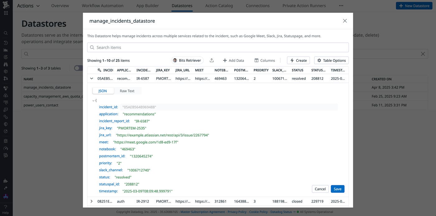 A data entry JSON object being editing within a Datastore table. A data entry JSON object being editing within a Datastore table.