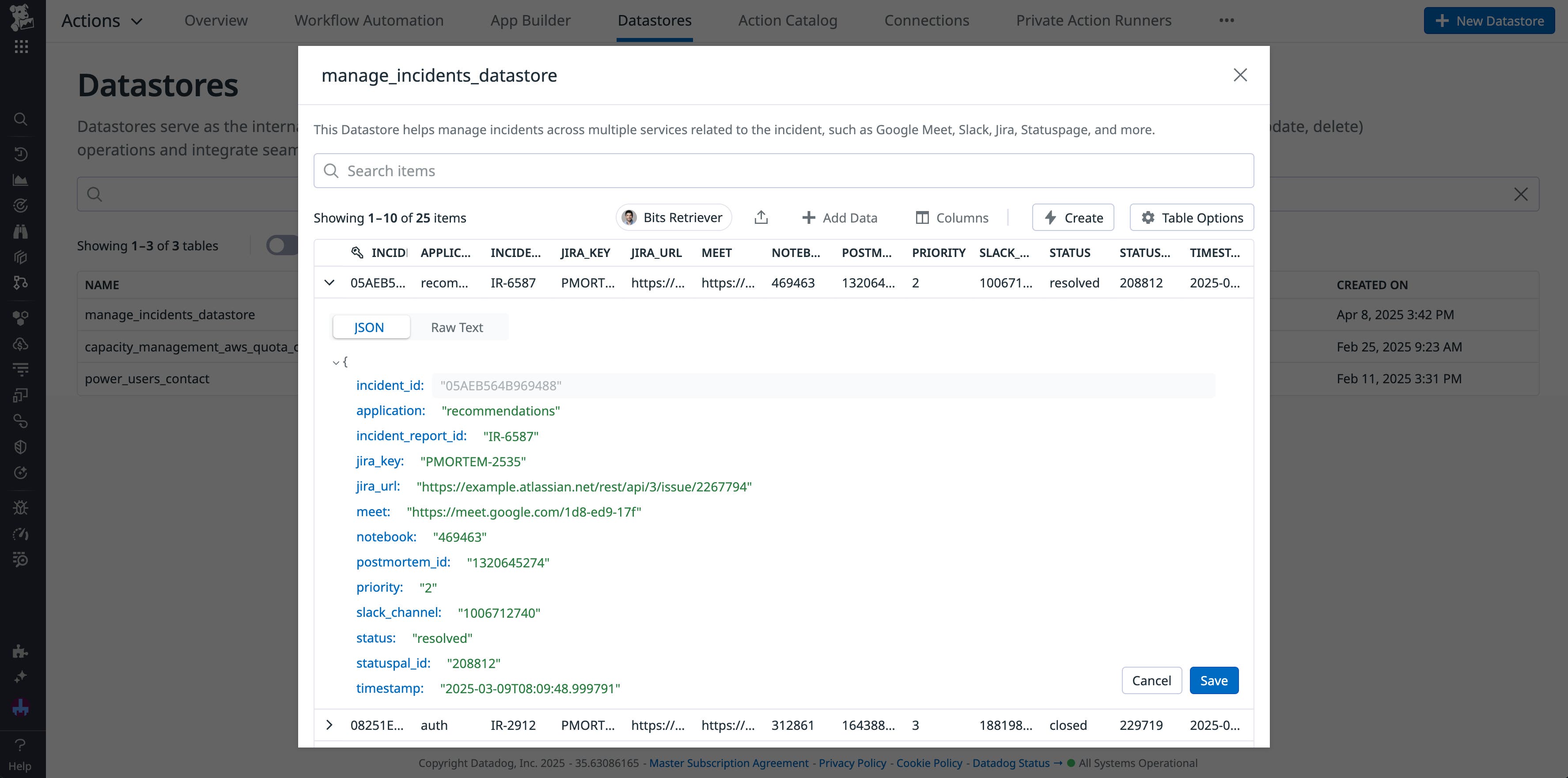 A data entry JSON object being editing within a Datastore table. A data entry JSON object being editing within a Datastore table.