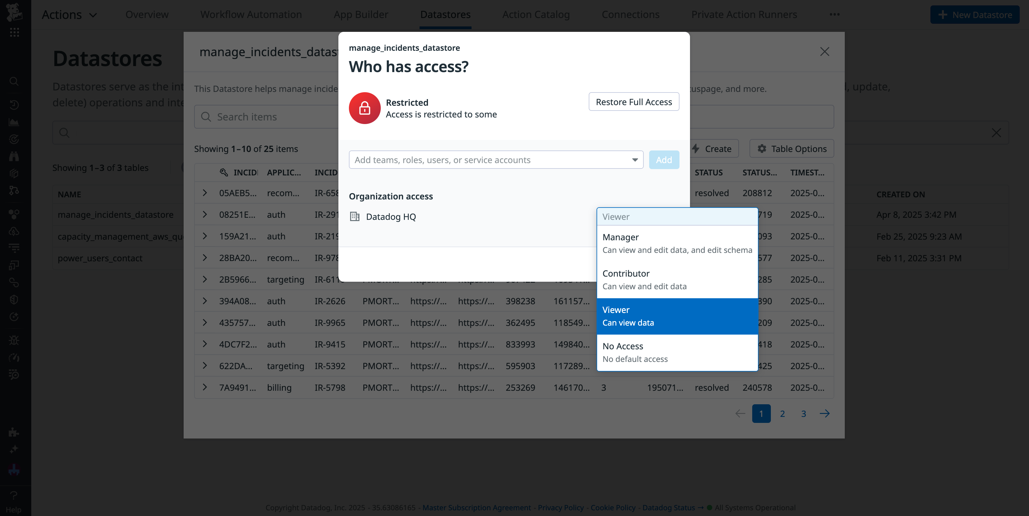The permissions window for a Datastore table, with a drop-down menu displaying the different levels of access.