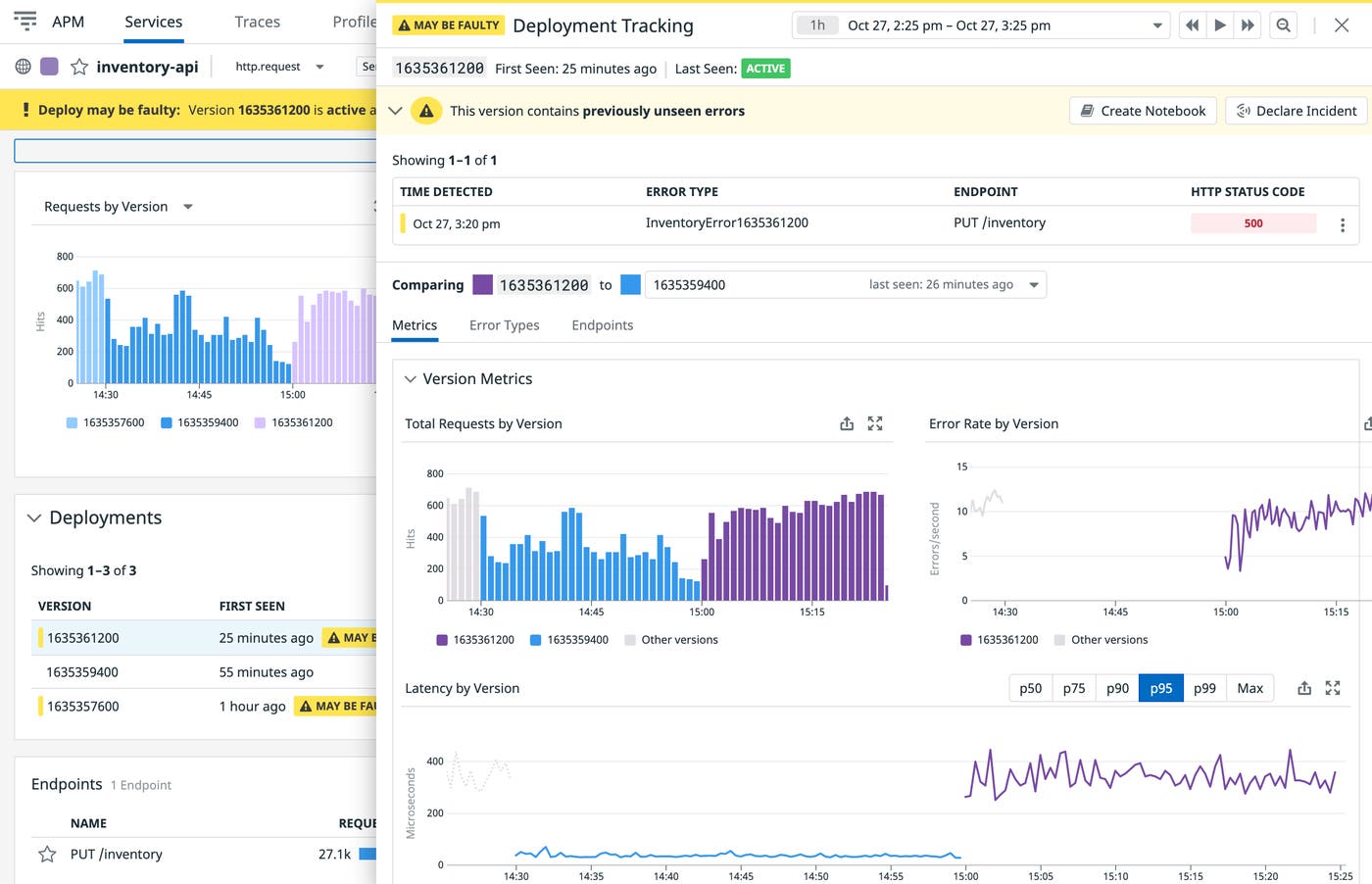 Datadog automatically flags faulty deployments. Datadog automatically flags faulty deployments.