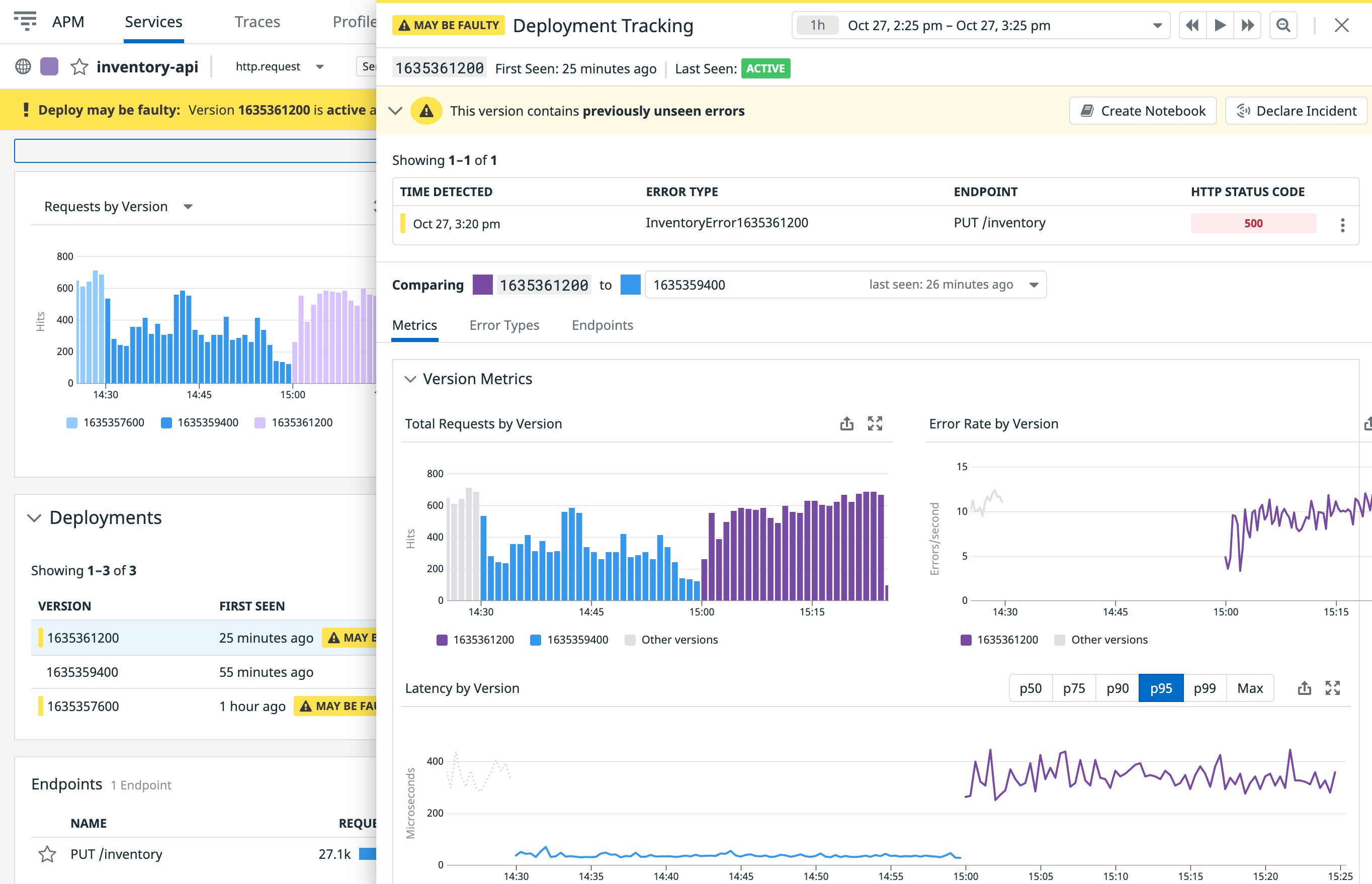 Datadog automatically flags faulty deployments. Datadog automatically flags faulty deployments.