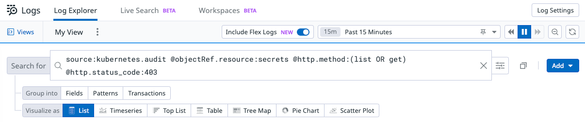 Log search query in Datadog