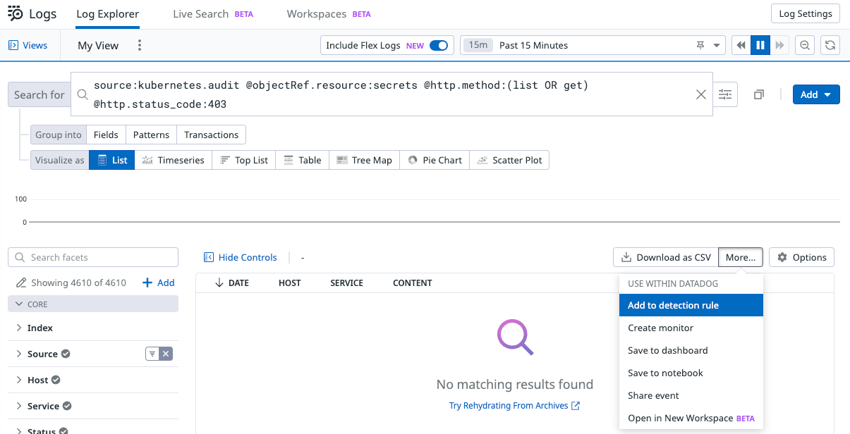 Add detection rule from log query in Datadog