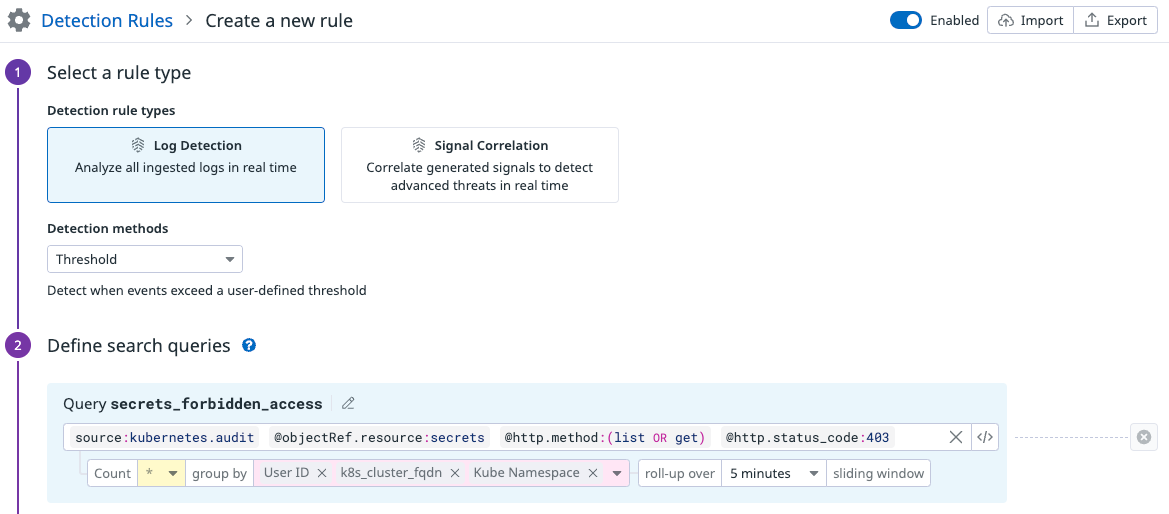 Detection rule creation step in Datadog