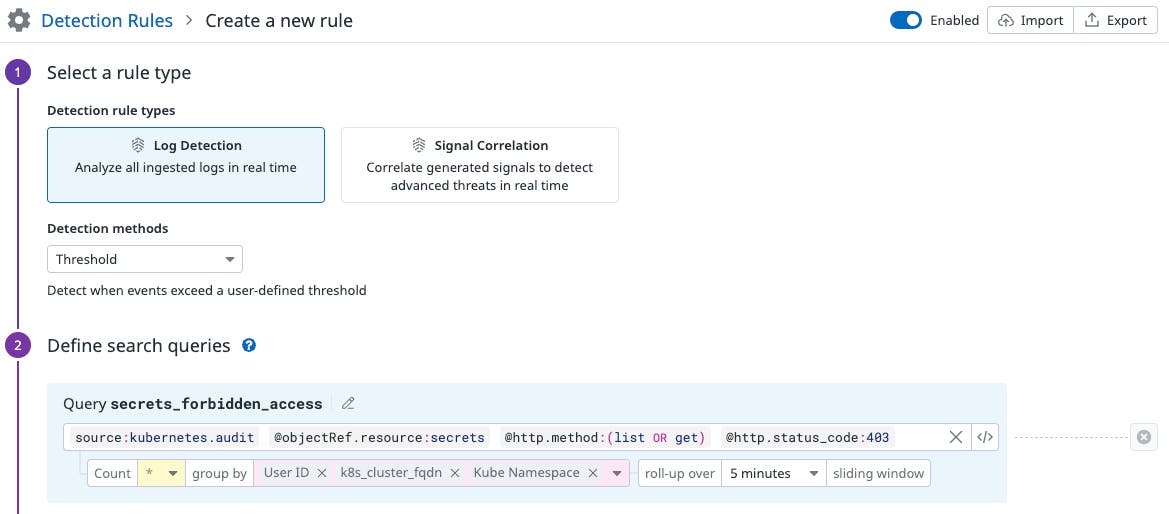 Detection rule creation step in Datadog Detection rule creation step in Datadog