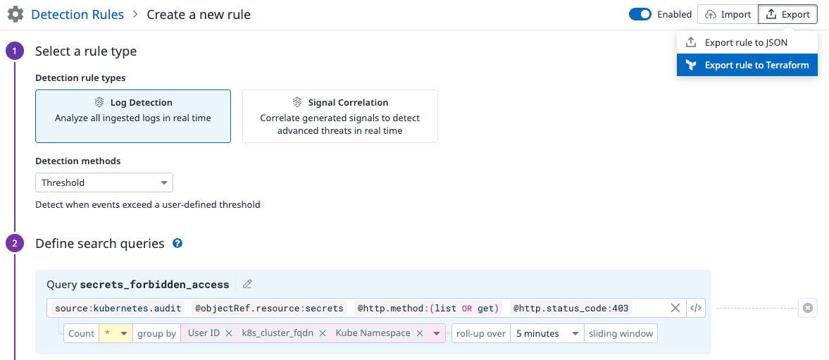 Export detection rule from Datadog as a Terraform file Export detection rule from Datadog as a Terraform file