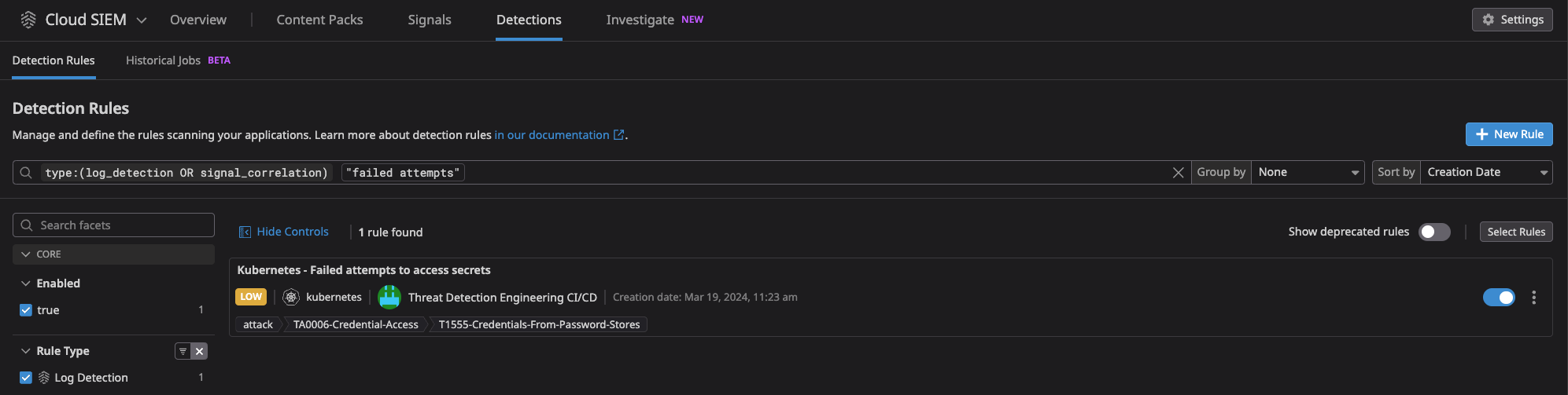 Detection rule finding in Datadog Cloud SIEM