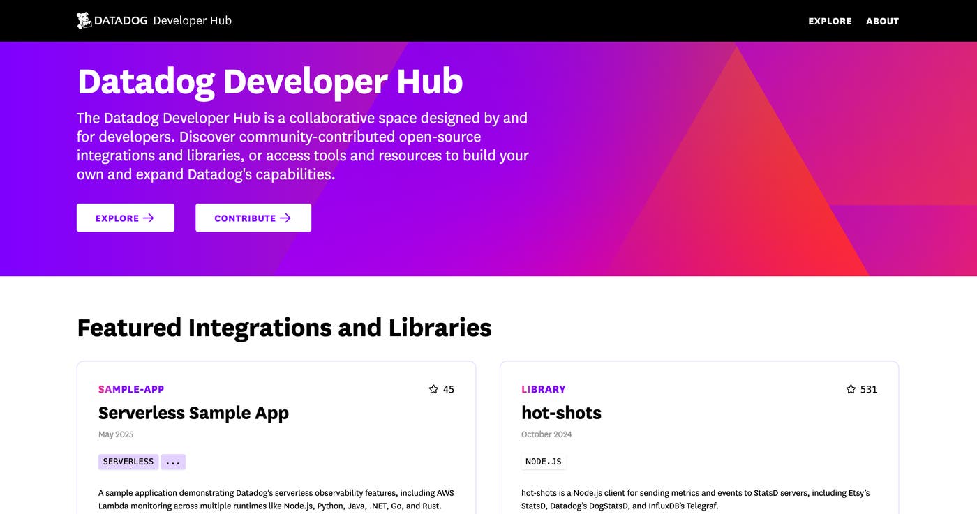 Datadog Developer Hub homepage with featured integrations, including Serverless Sample App and hot-shots for Node.js. Datadog Developer Hub homepage with featured integrations, including Serverless Sample App and hot-shots for Node.js.