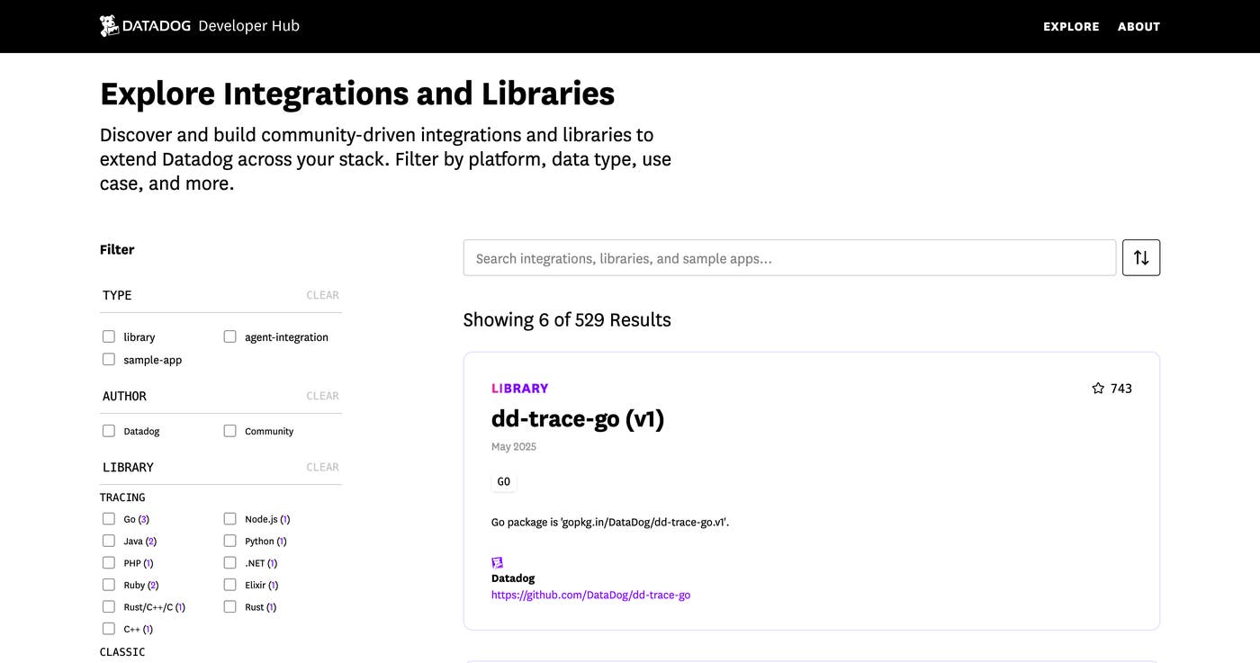 Datadog Developer Hub page showing filtered integrations, highlighting the dd-trace-go (v1) library for Go. Datadog Developer Hub page showing filtered integrations, highlighting the dd-trace-go (v1) library for Go.
