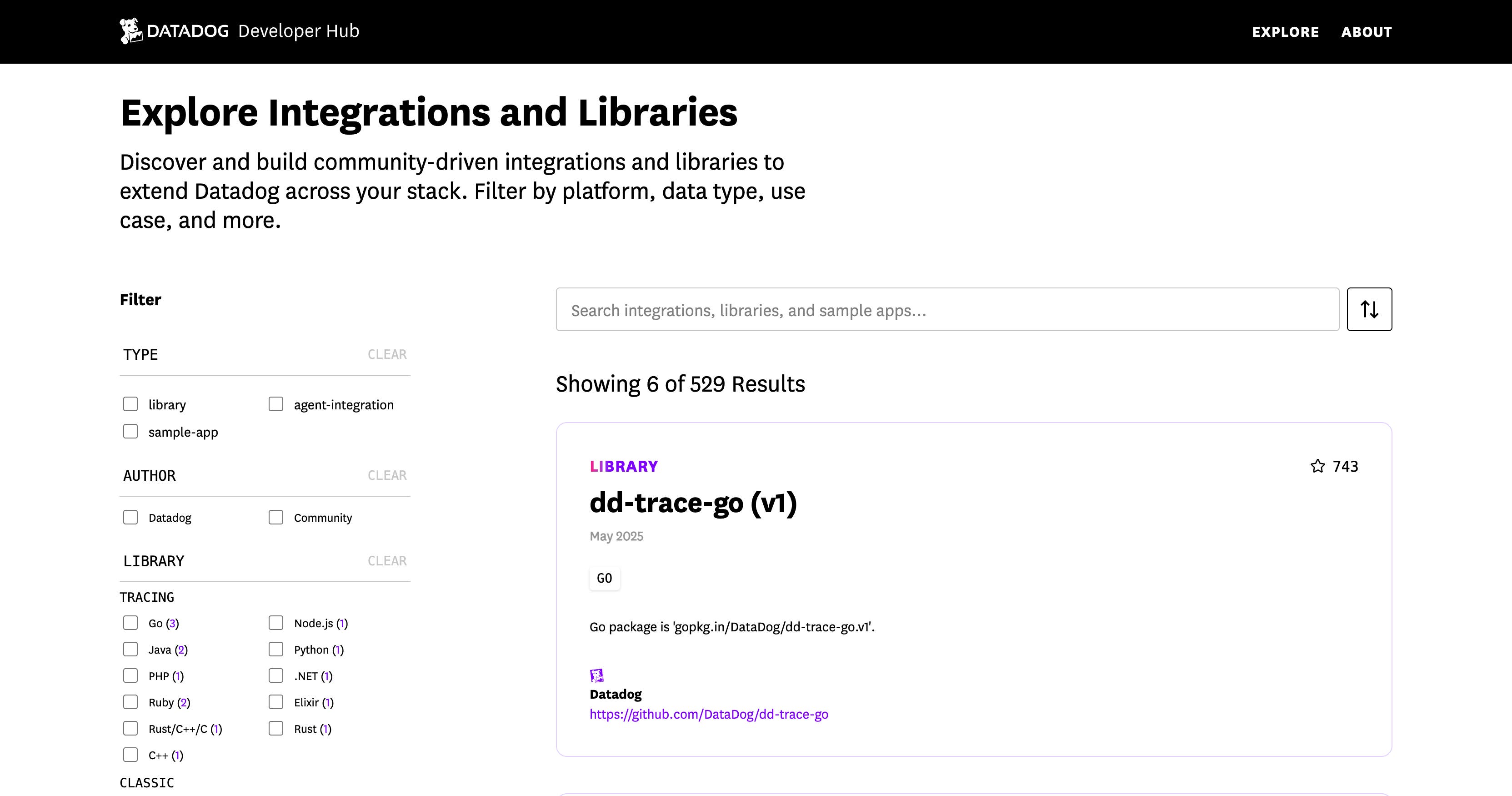 Datadog Developer Hub page showing filtered integrations, highlighting the dd-trace-go (v1) library for Go. Datadog Developer Hub page showing filtered integrations, highlighting the dd-trace-go (v1) library for Go.