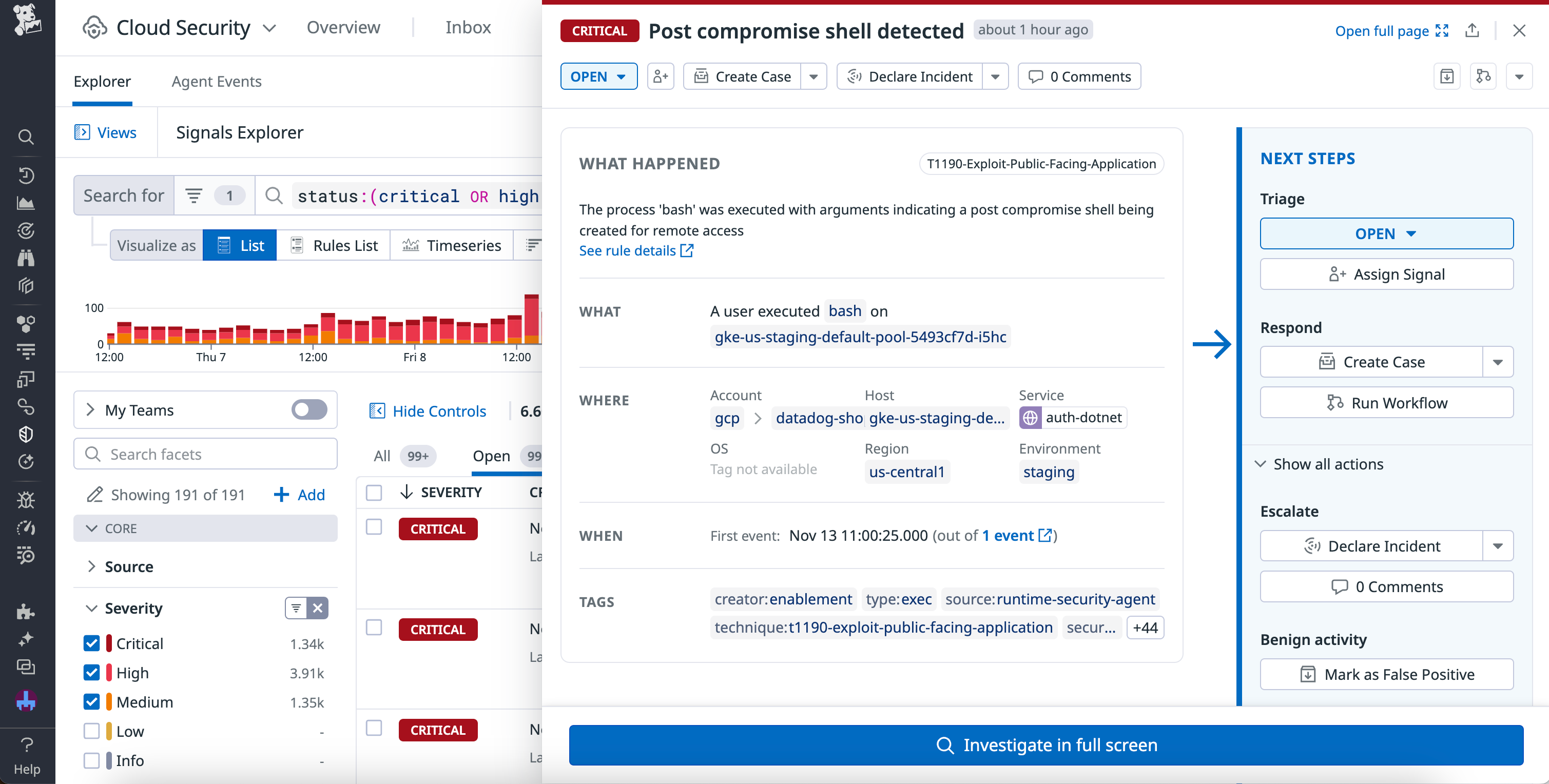 The details panel for a critical Cloud Security event.