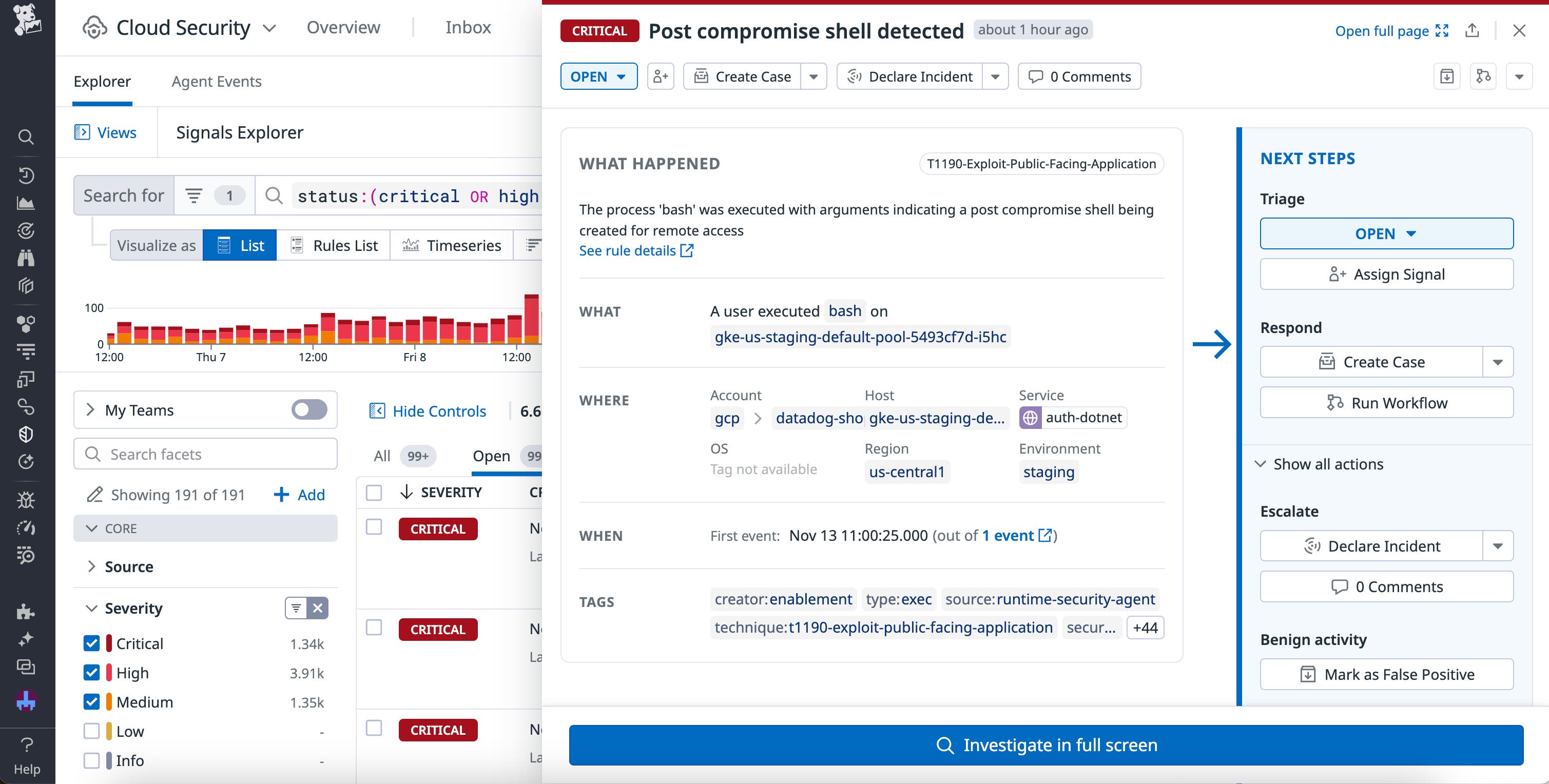 The details panel for a critical Cloud Security event. The details panel for a critical Cloud Security event.