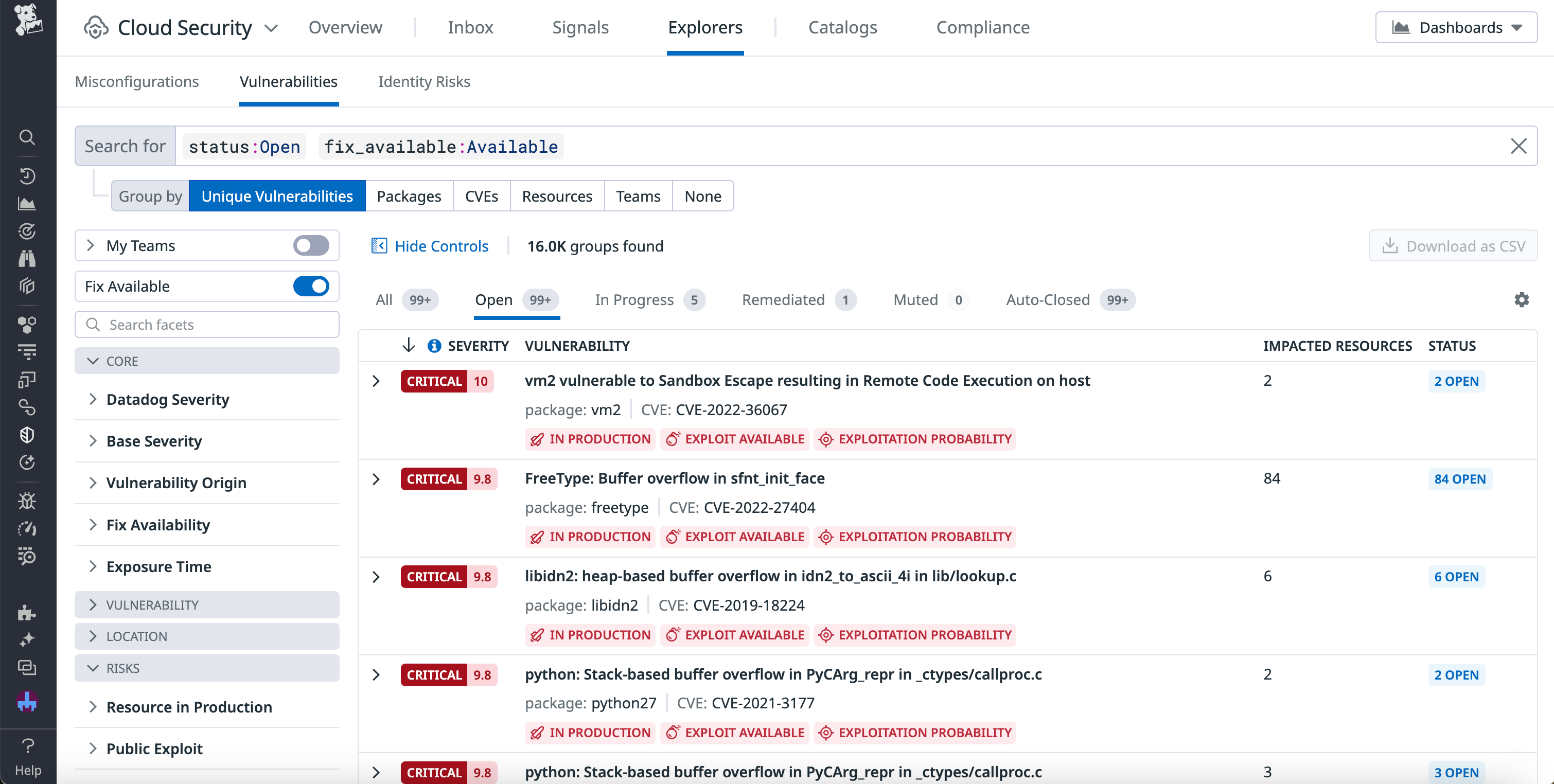 A list of vulnerabilities in the Cloud Security Vulnerability Explorer.