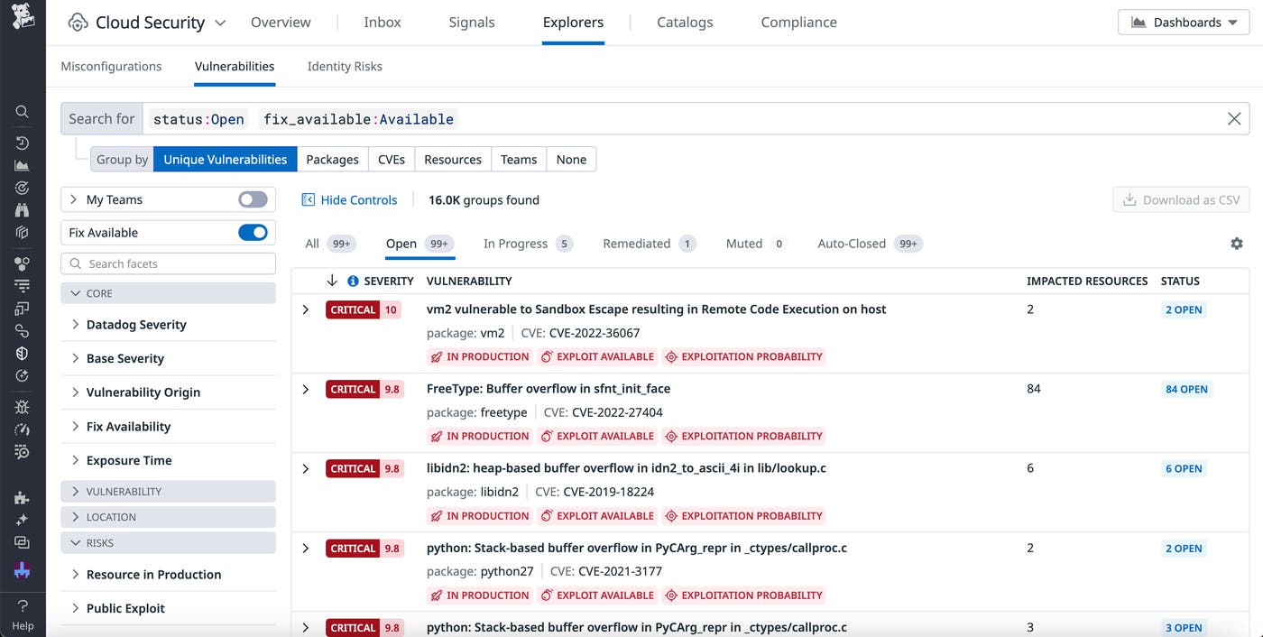A list of vulnerabilities in the Cloud Security Vulnerability Explorer. A list of vulnerabilities in the Cloud Security Vulnerability Explorer.