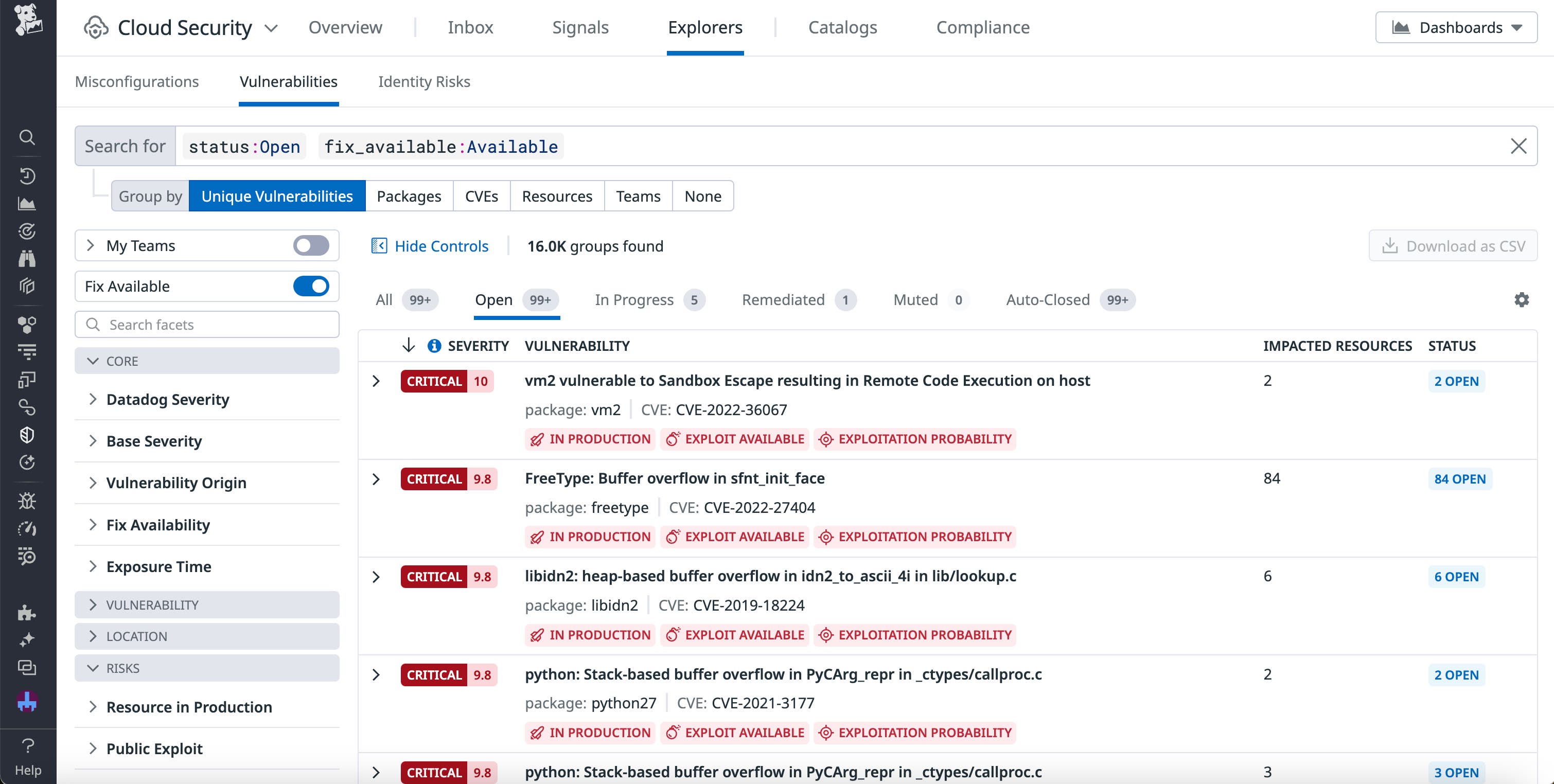A list of vulnerabilities in the Cloud Security Vulnerability Explorer. A list of vulnerabilities in the Cloud Security Vulnerability Explorer.
