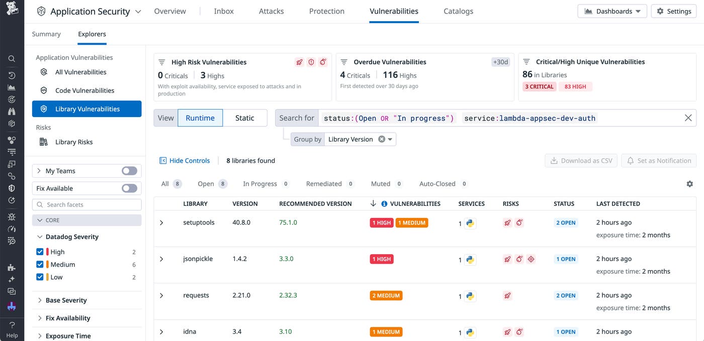 A list of vulnerabilities within your libraries, displayed in the App and API Protection Vulnerability Explorer. A list of vulnerabilities within your libraries, displayed in the App and API Protection Vulnerability Explorer.