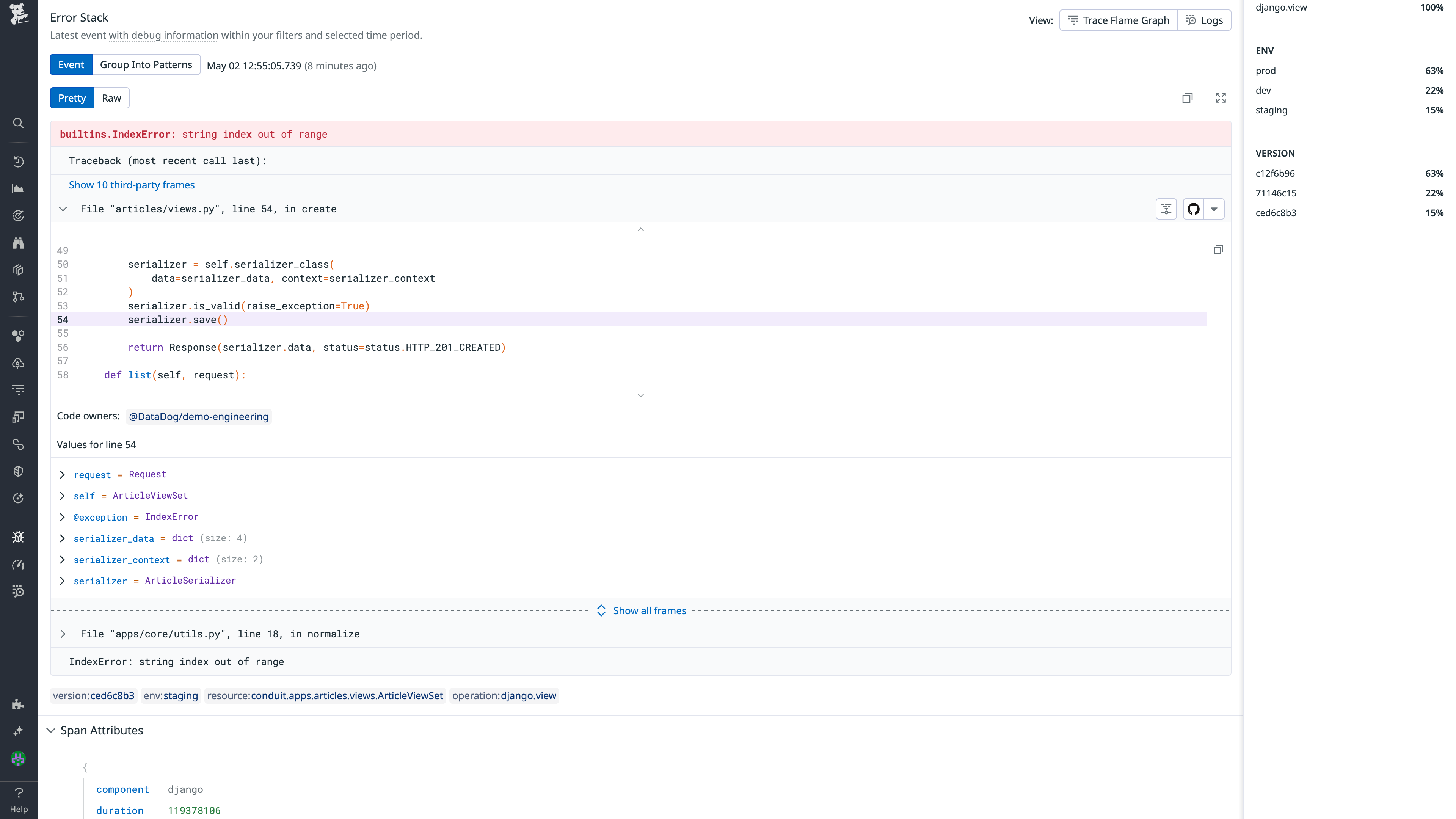 Local variable data captured by Exception Replay.