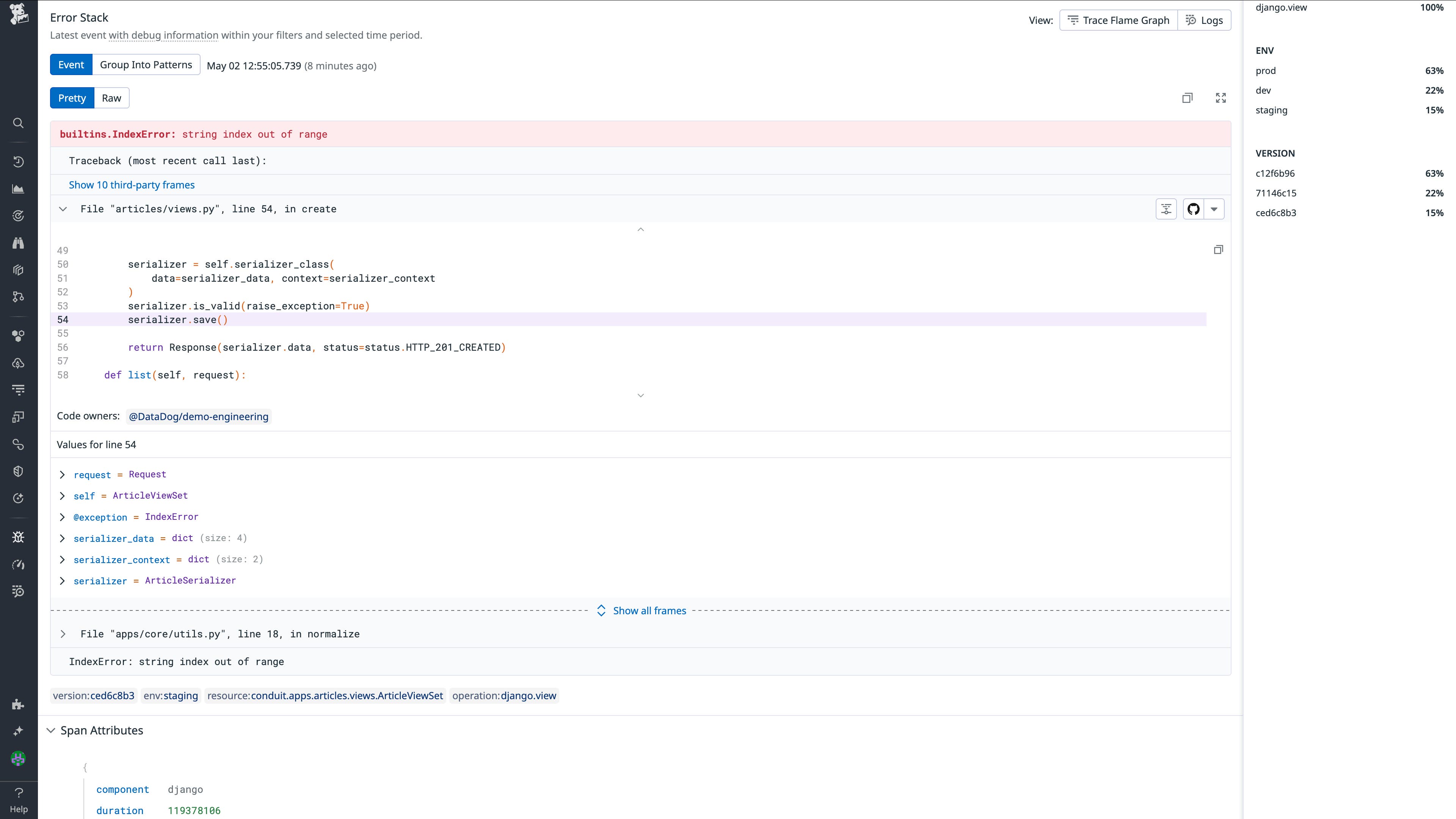 Local variable data captured by Exception Replay. Local variable data captured by Exception Replay.