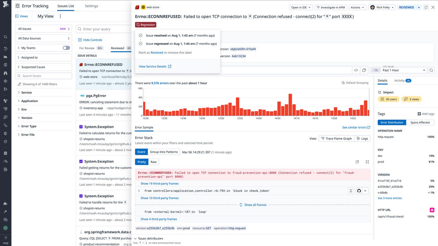 A regression of an issue, detected by Error Tracking. A regression of an issue, detected by Error Tracking.