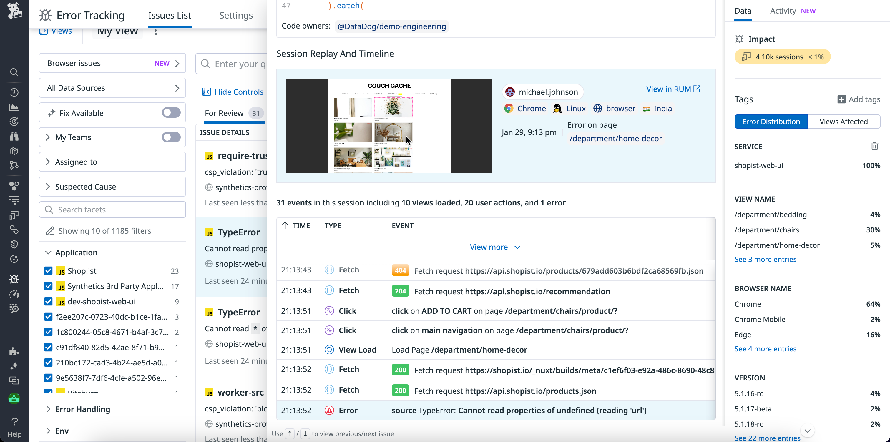 A Replay Snippets timeline of events that preceded an error.