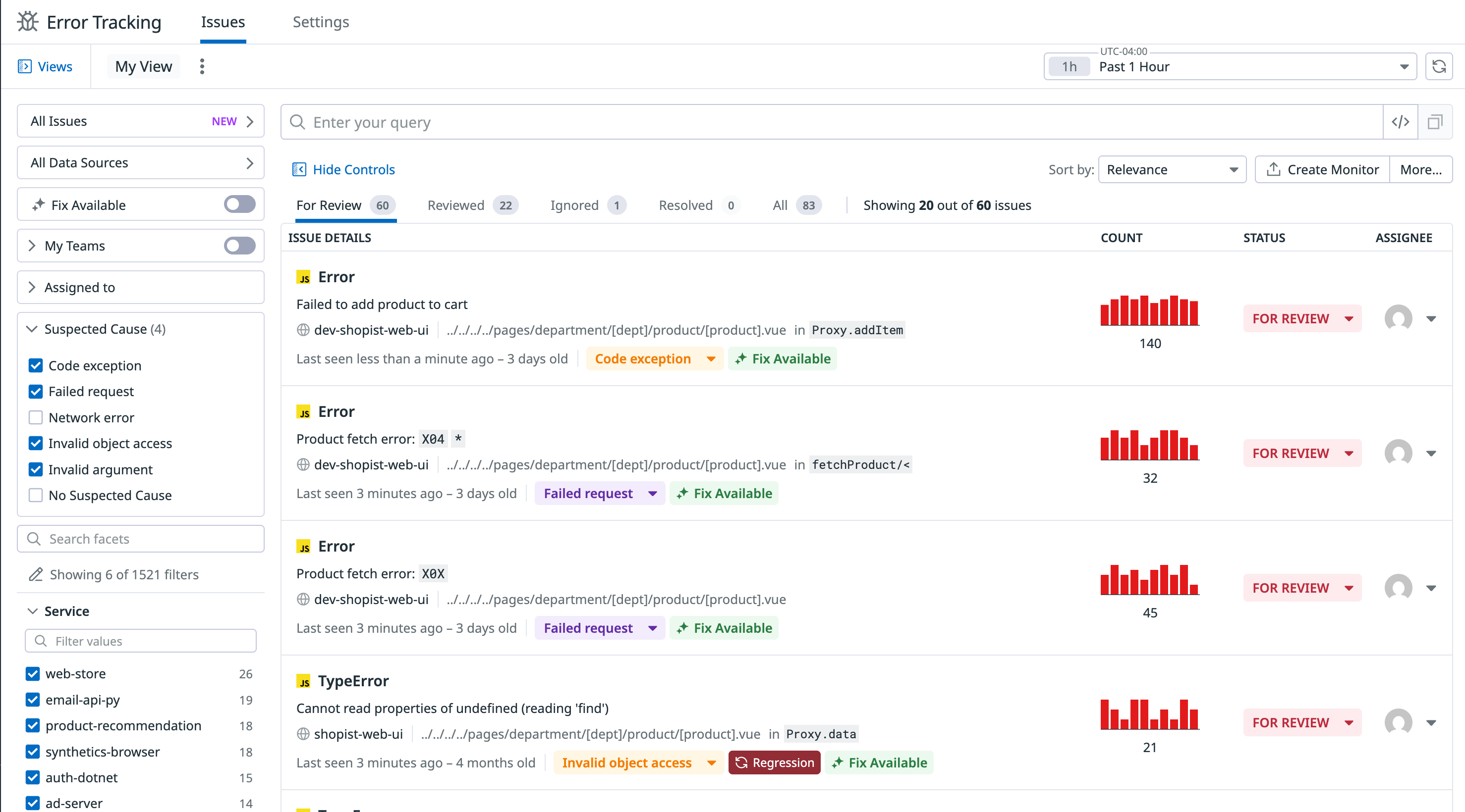 A list of errors and their suspected causes.