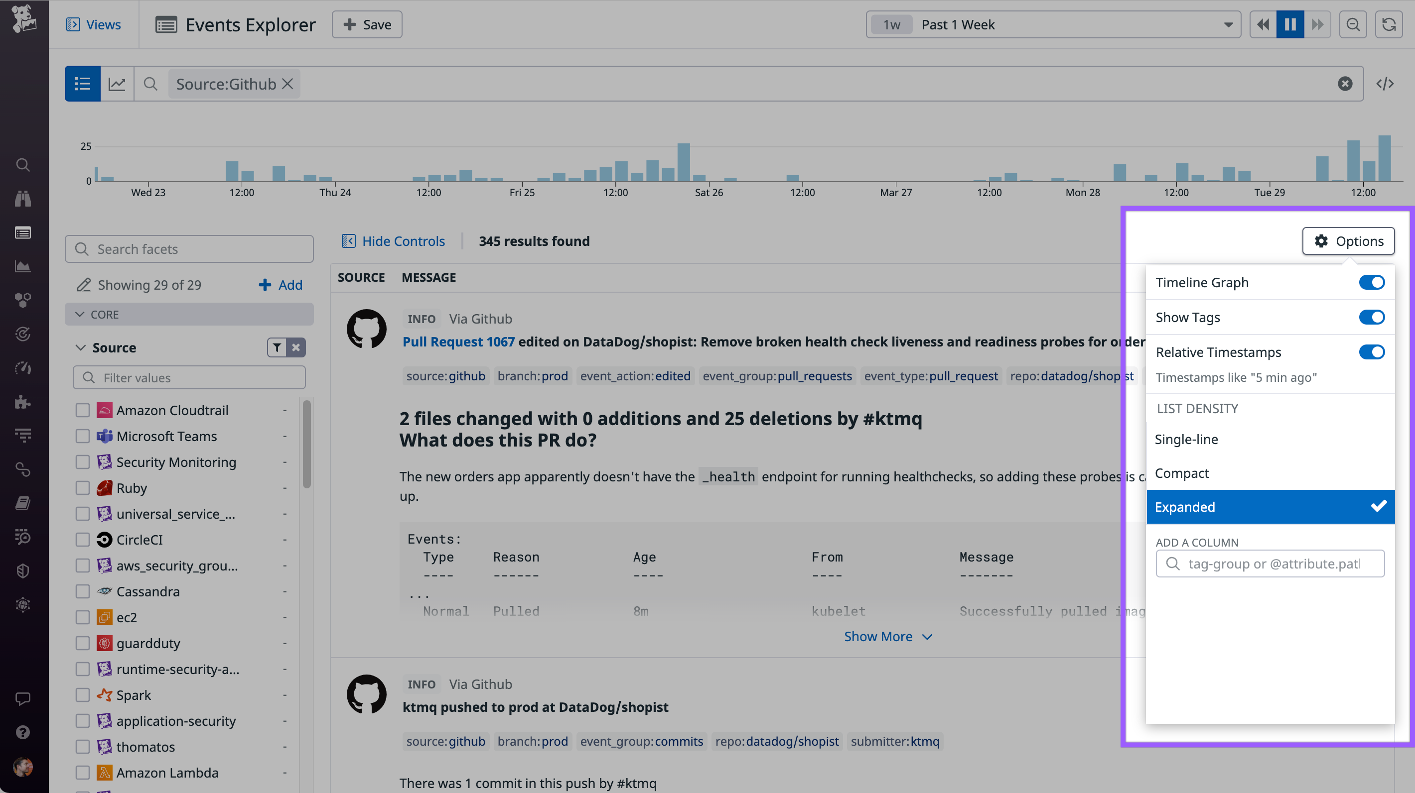 Editing the list density in the Events Explorer