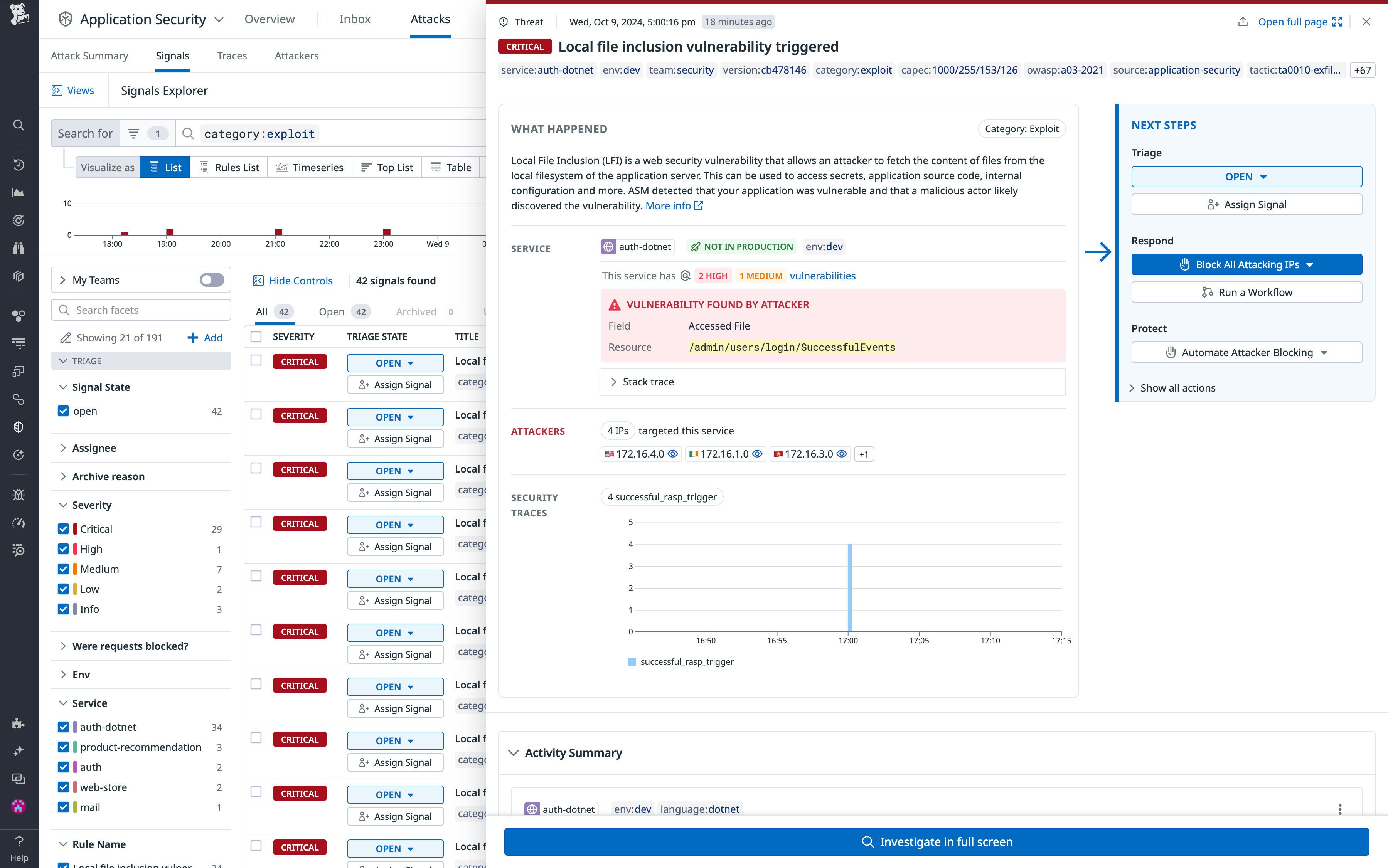 Datadog screenshot showing how you can configure Exploit Prevention for a service through Remote configuration.