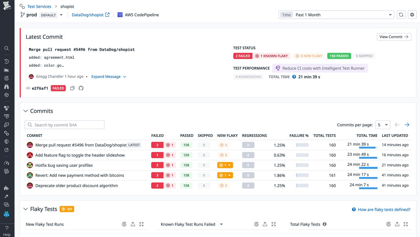 Datadog highlights new flaky tests in your service page. Datadog highlights new flaky tests in your service page.