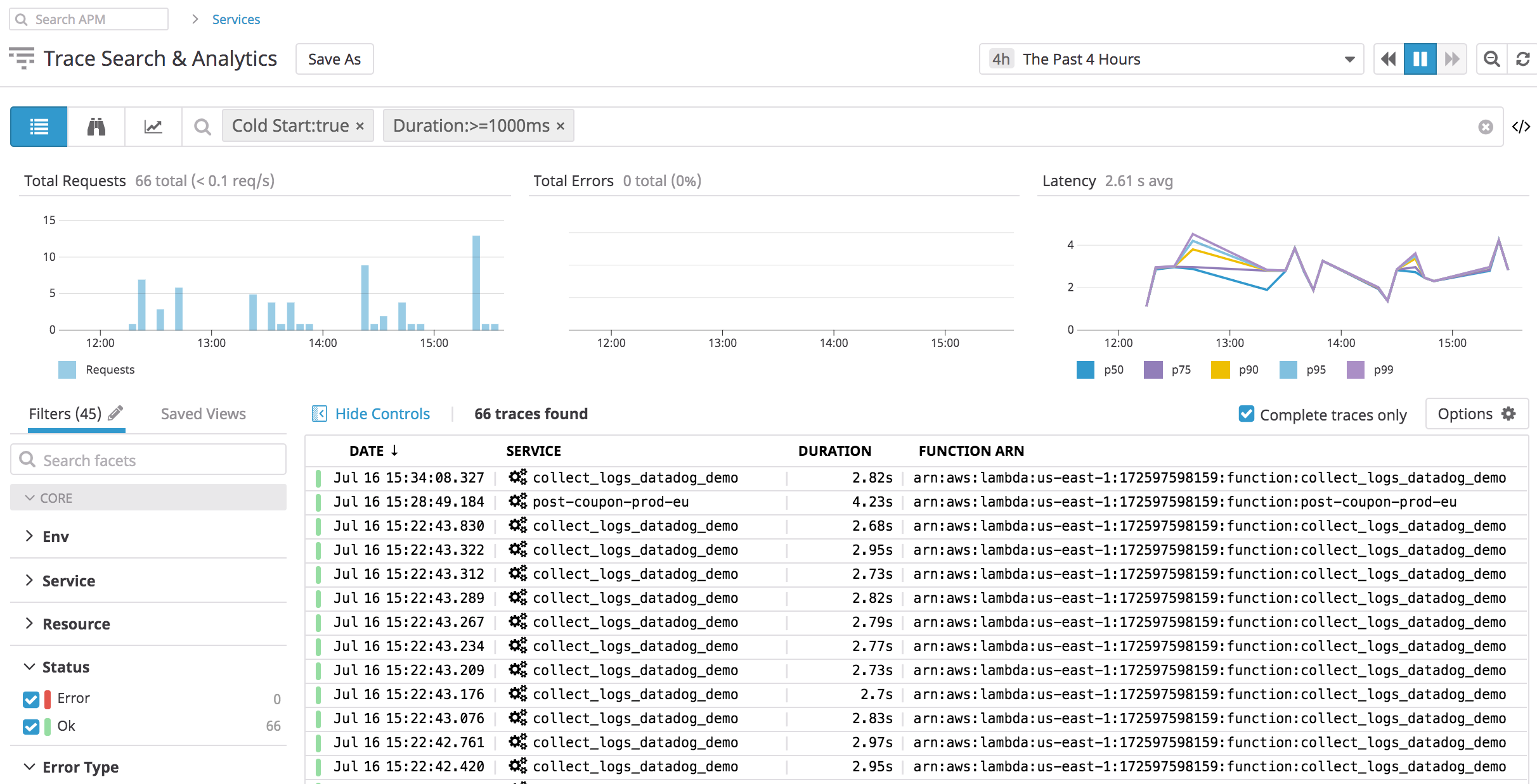 You can search your request traces to identify cold starts in your AWS Lambda functions