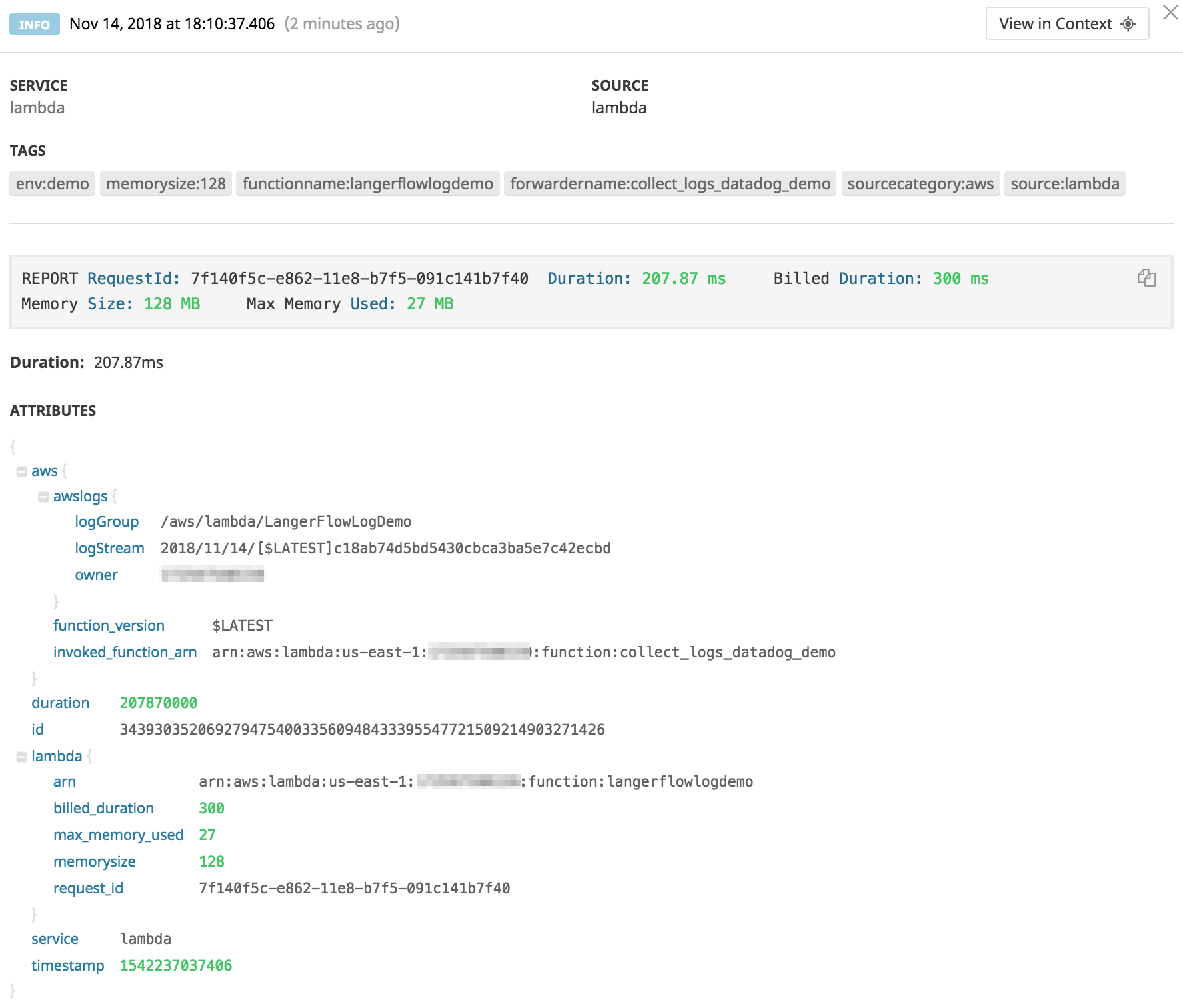 Logs from an AWS Lambda function as displayed by Datadog log management