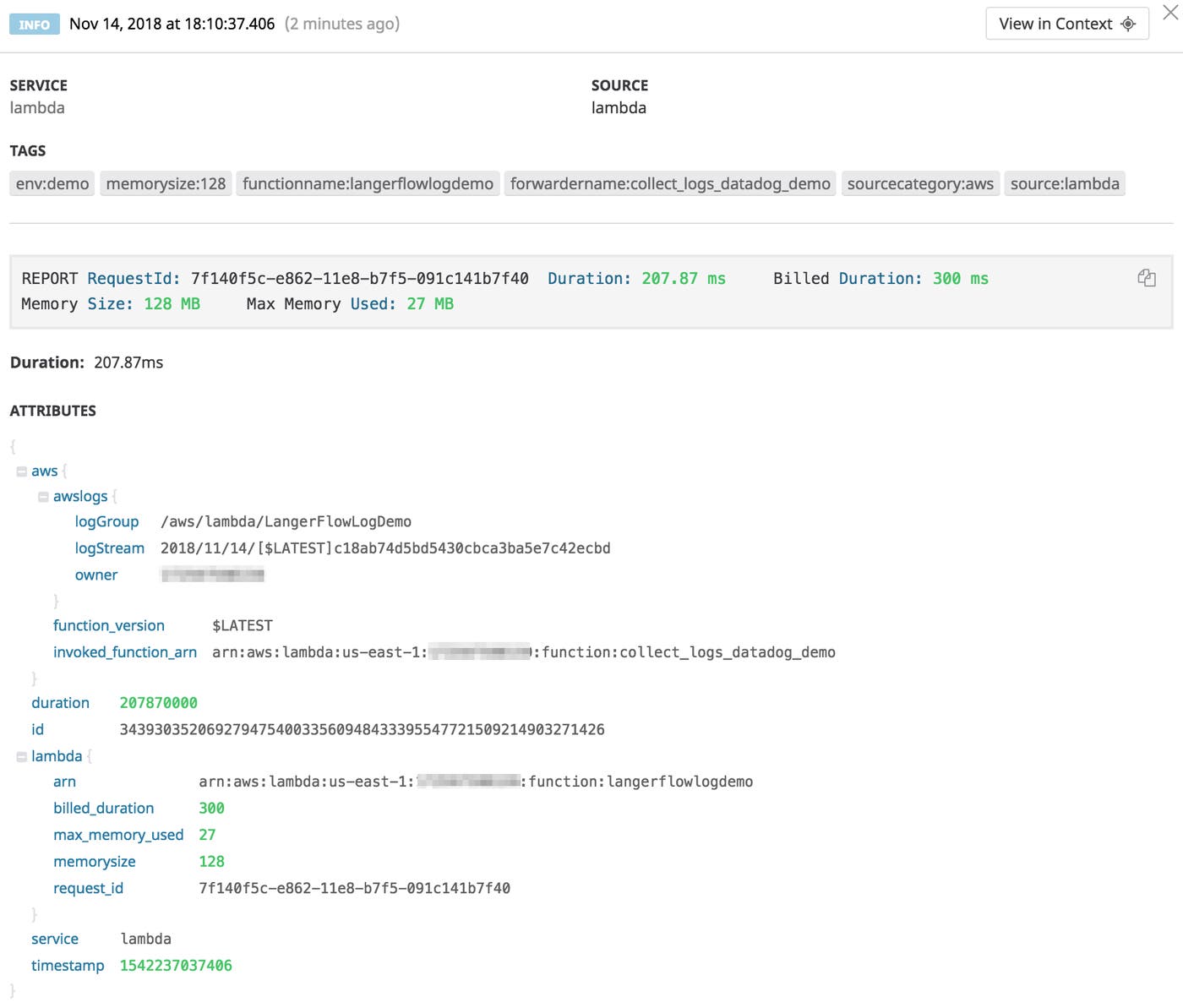 Logs from an AWS Lambda function as displayed by Datadog log management Logs from an AWS Lambda function as displayed by Datadog log management