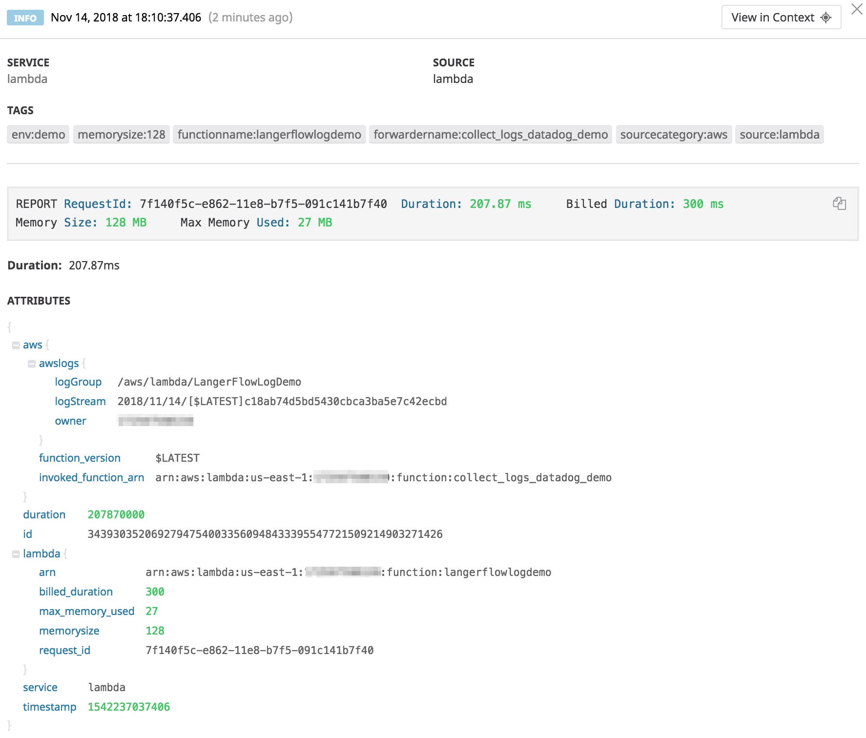 Logs from an AWS Lambda function as displayed by Datadog log management Logs from an AWS Lambda function as displayed by Datadog log management