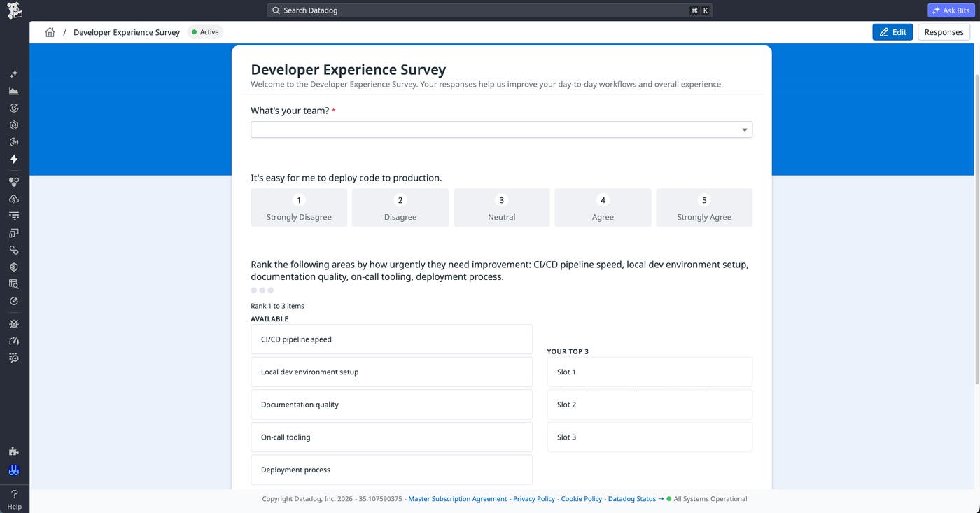 Example of a Datadog Forms survey that collects structured feedback from developers. Example of a Datadog Forms survey that collects structured feedback from developers.