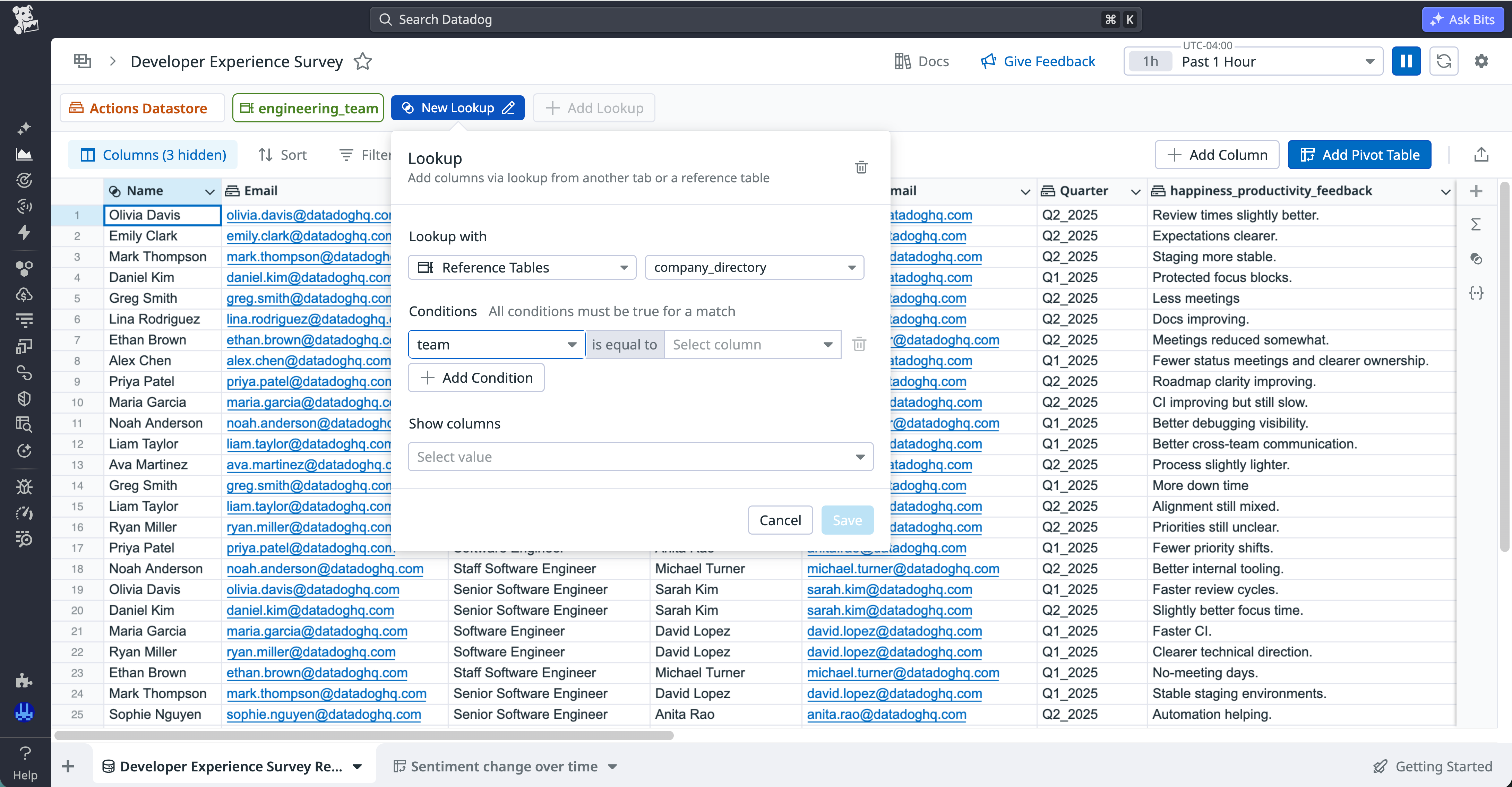 A menu in Datadog Sheets for the configuration of a new lookup for the developer experience survey.