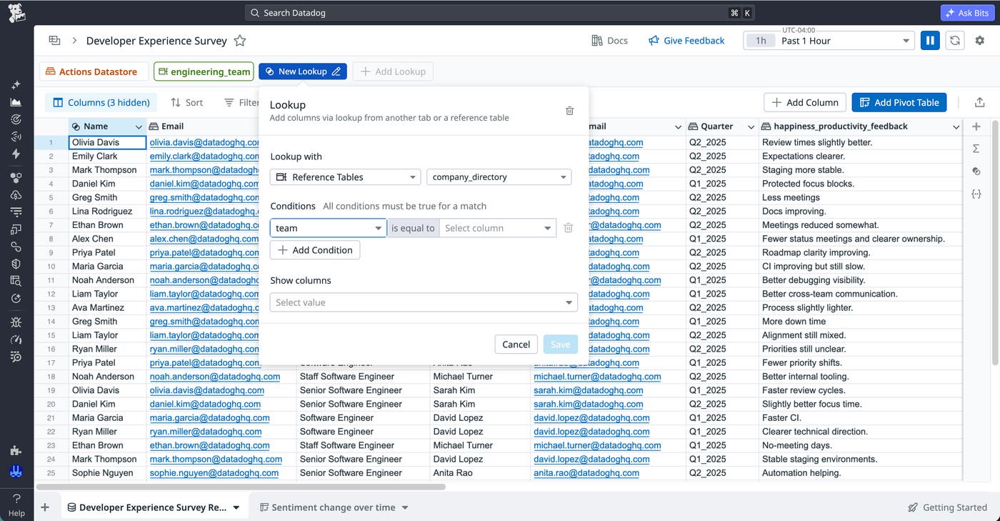 A menu in Datadog Sheets for the configuration of a new lookup for the developer experience survey. A menu in Datadog Sheets for the configuration of a new lookup for the developer experience survey.