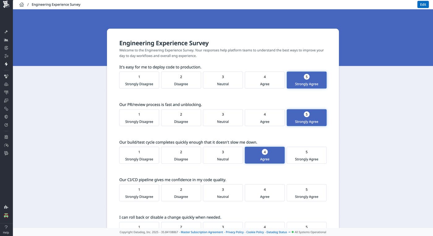 A screenshot of an internal survey for engineers about their experience. A screenshot of an internal survey for engineers about their experience.