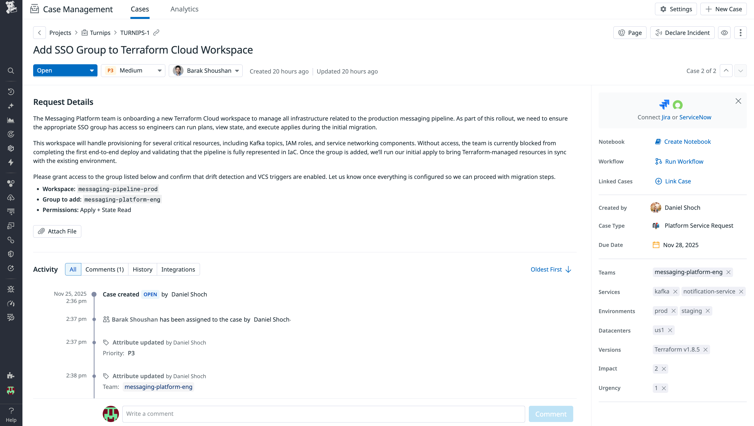 A screenshot of a case created in Case Management from the submission of a service request form.