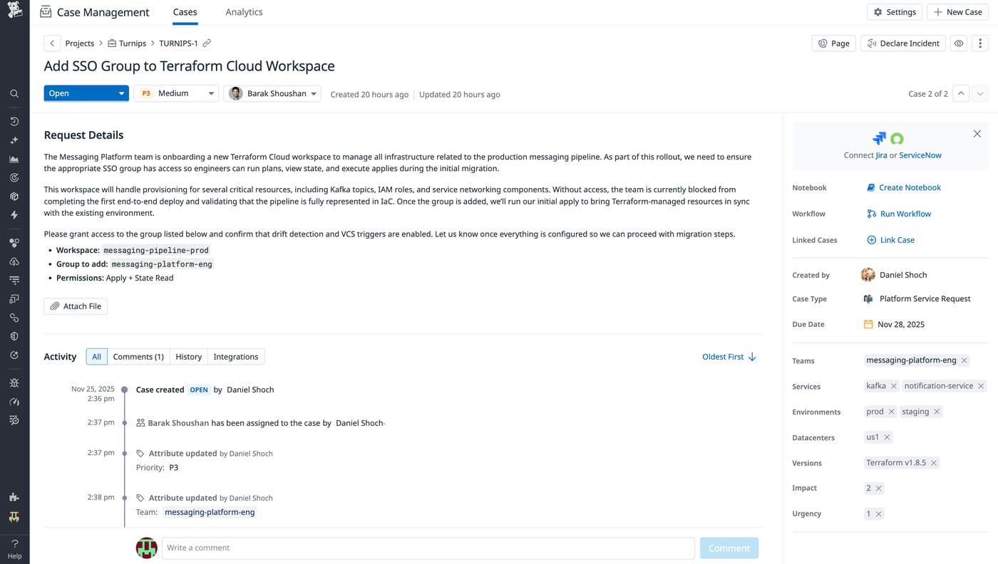 A screenshot of a case created in Case Management from the submission of a service request form. A screenshot of a case created in Case Management from the submission of a service request form.