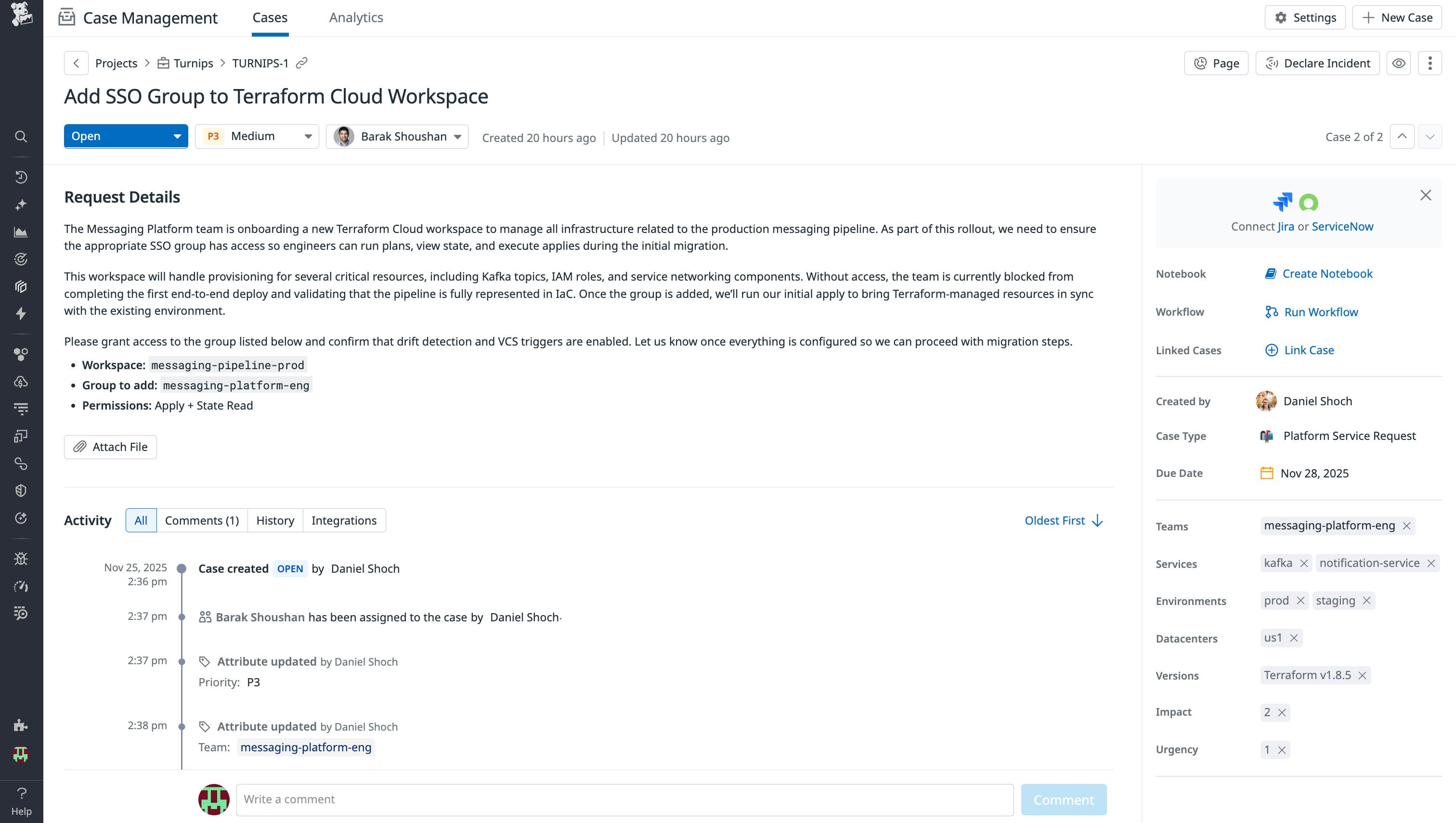 A screenshot of a case created in Case Management from the submission of a service request form. A screenshot of a case created in Case Management from the submission of a service request form.