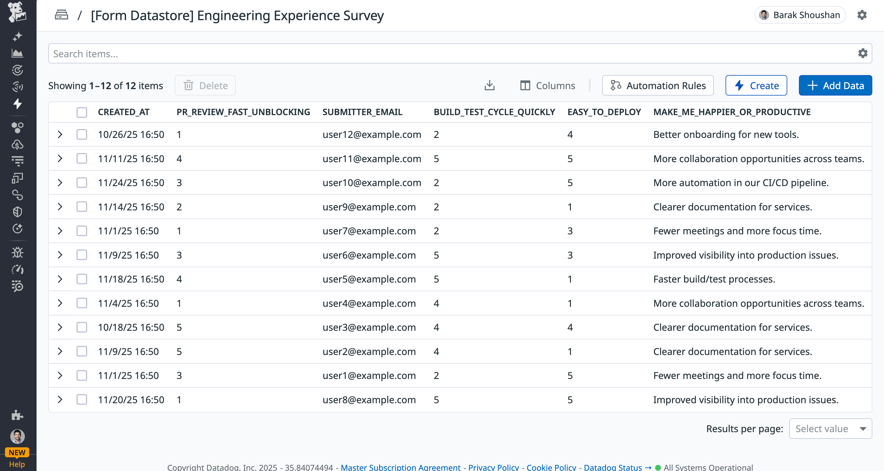 A screenshot of a list of responses from an engineering survey.