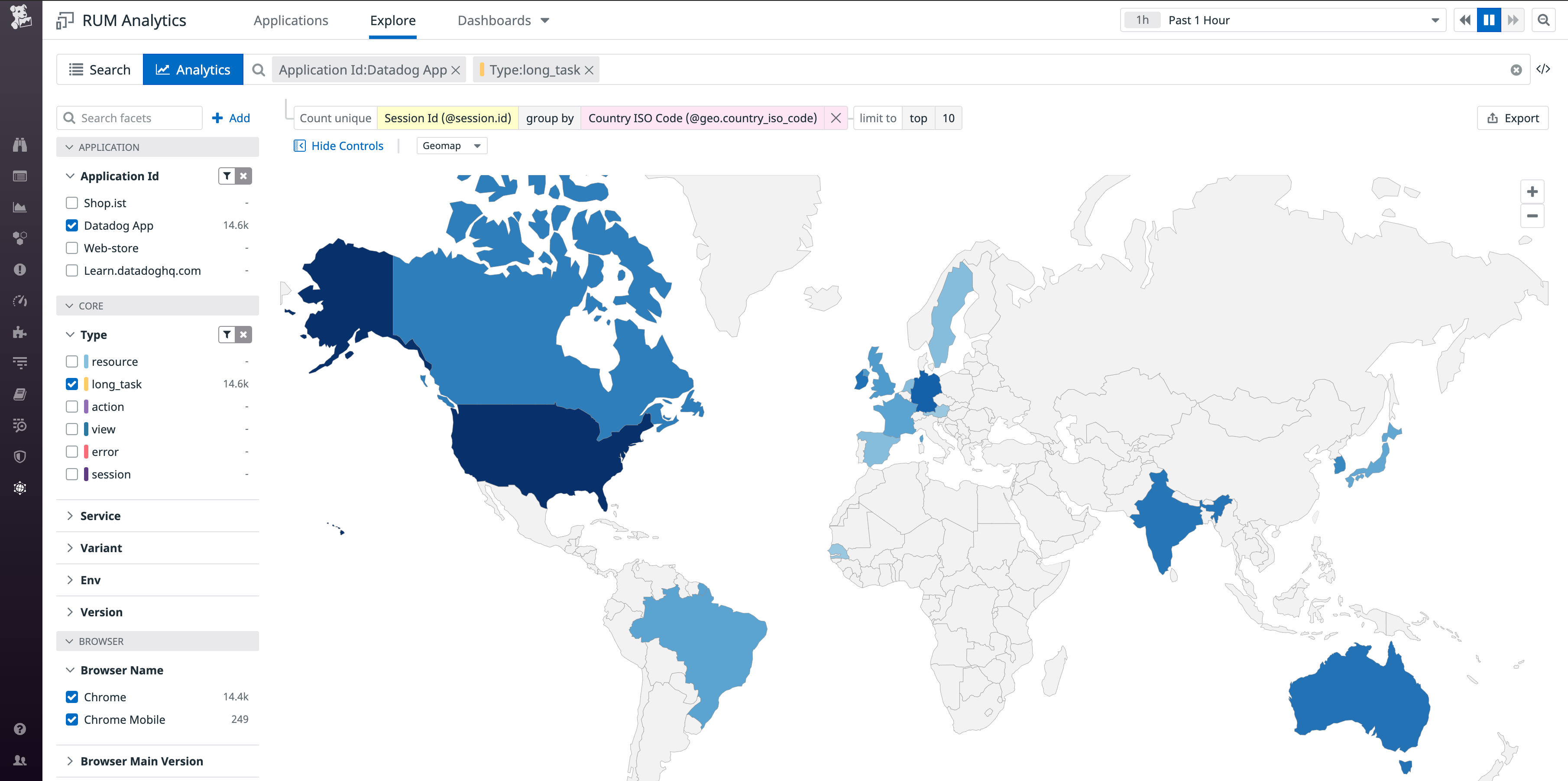 Geomap showing countries with highest distribution of long tasks