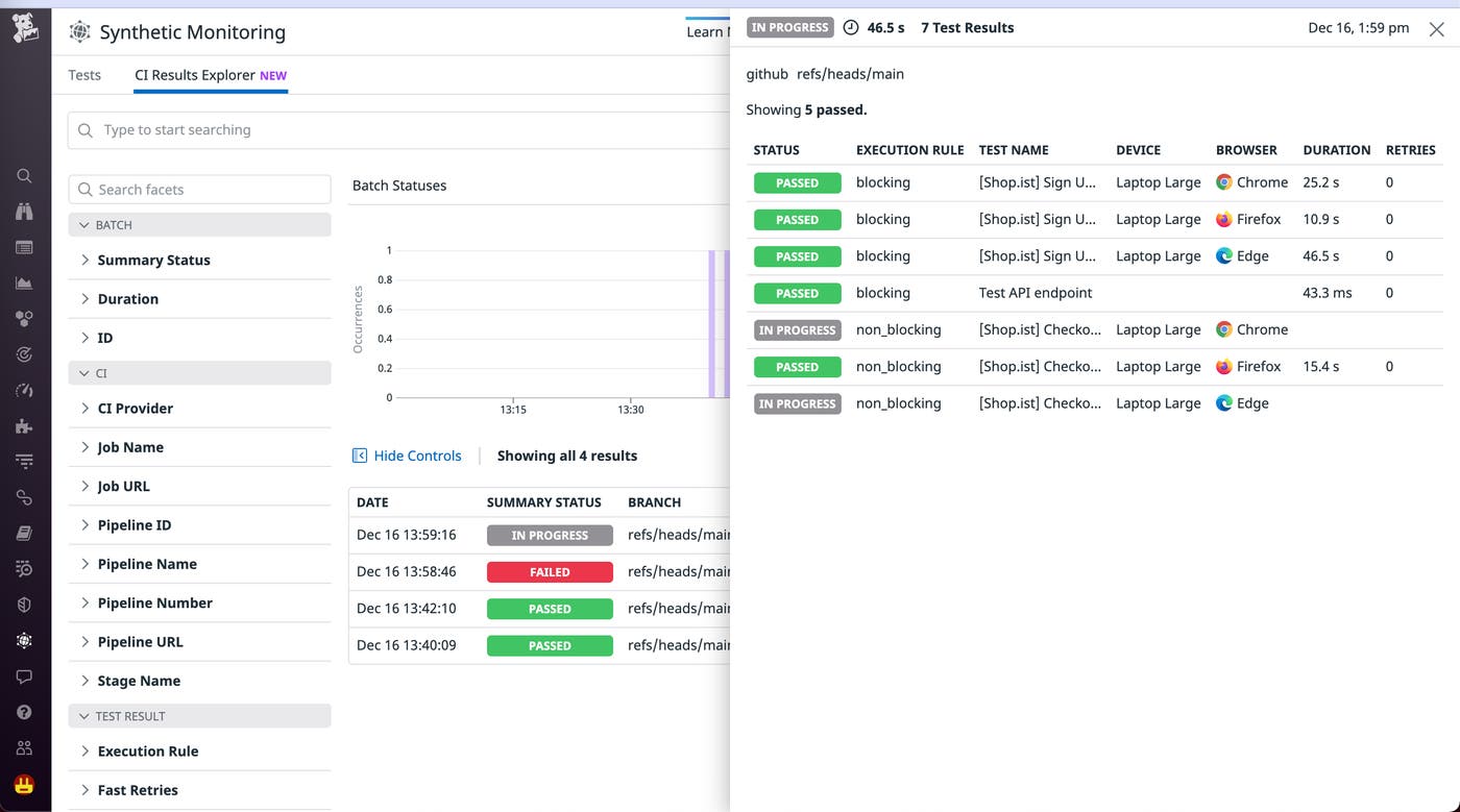 Synthetic test results automatically populate within the CI Results Explorer Synthetic test results automatically populate within the CI Results Explorer