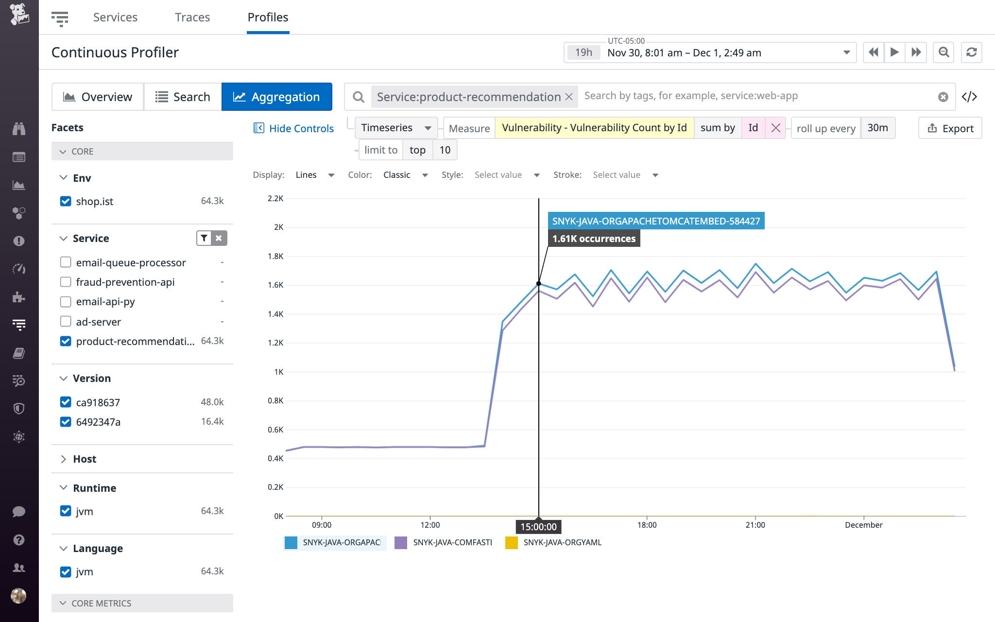 Datadog GitHub のアクションをインストール後、どのぐらいの頻度で脆弱性が生じたかを Datadog Continuous Profiler の集計ビューで追跡できます。 Datadog GitHub のアクションをインストール後、どのぐらいの頻度で脆弱性が生じたかを Datadog Continuous Profiler の集計ビューで追跡できます。